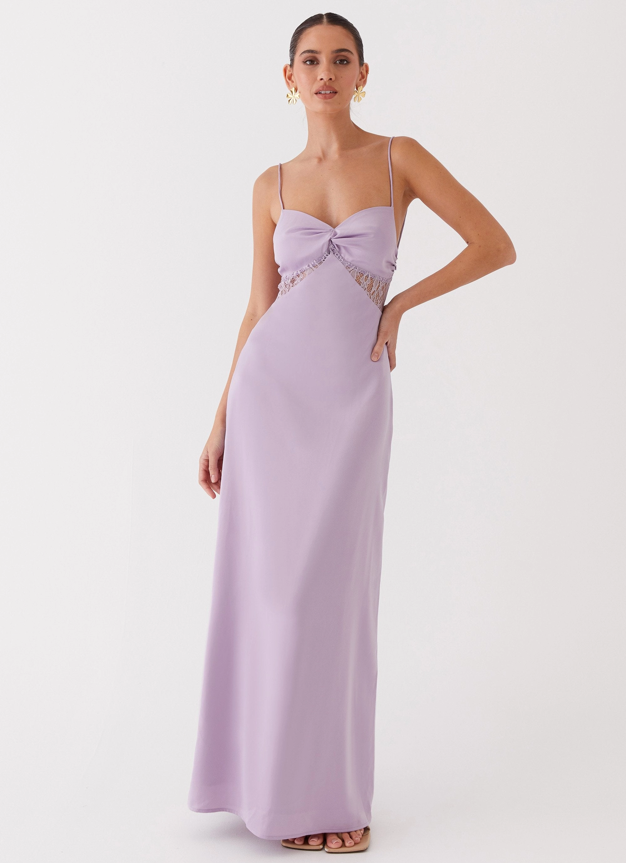 Dream Sight Lace Satin Maxi Dress - Lilac V Neckline