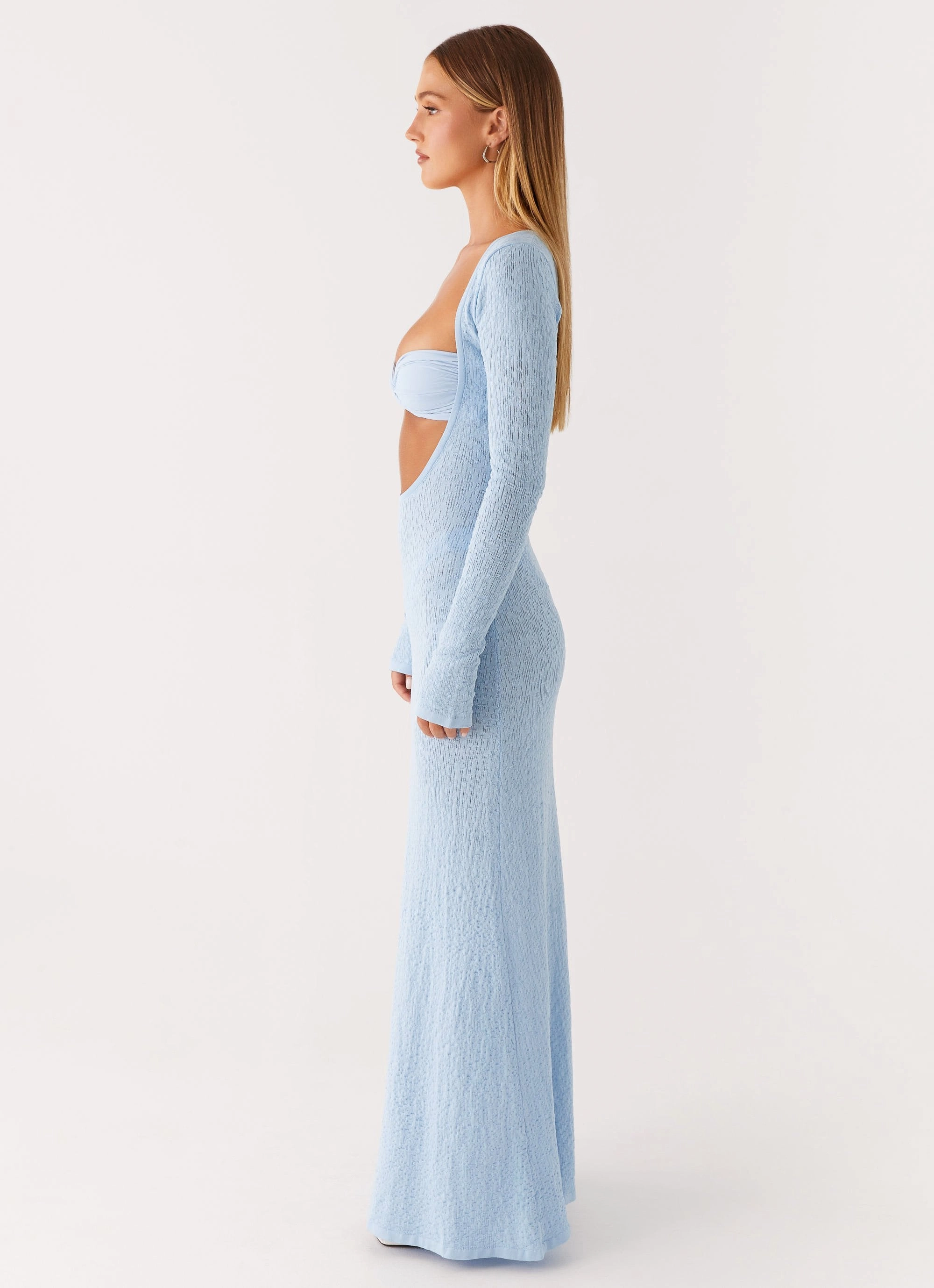 Effortless Vibe Ruffle-Detail Carnation Long Sleeve Knit Maxi Dress - Blue