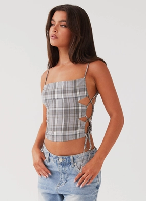 Trista Tie Top - Grey Tartan SubtleTexture