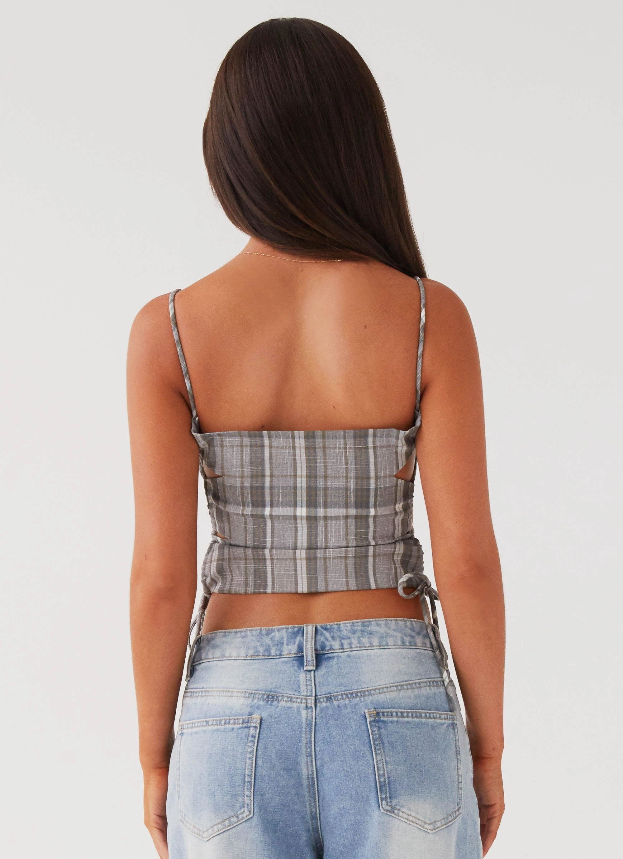 Relaxed Crew Neck Opening Trista Tie Top - Grey Tartan