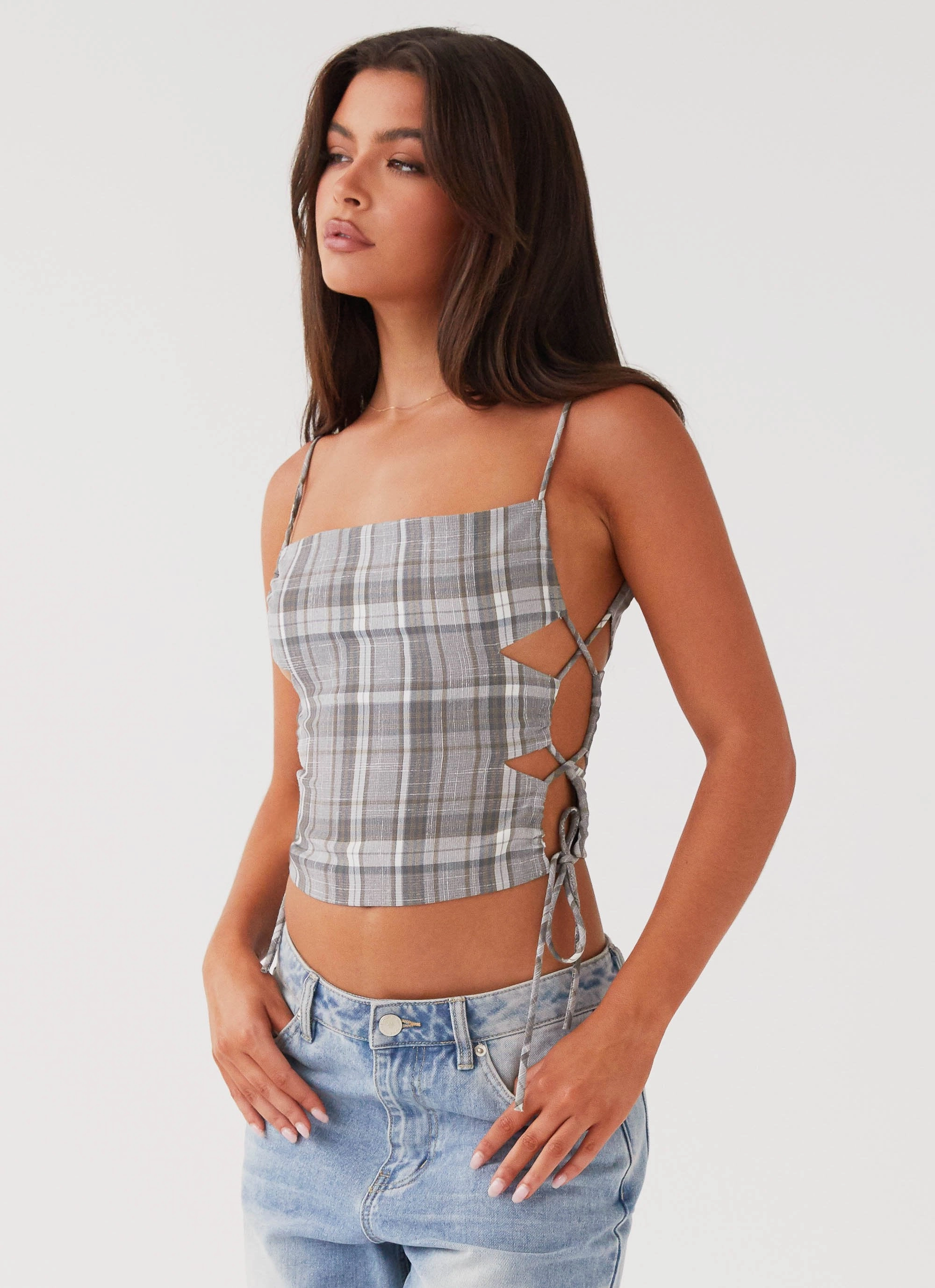 Trista Tie Top - Grey Tartan SubtleTexture