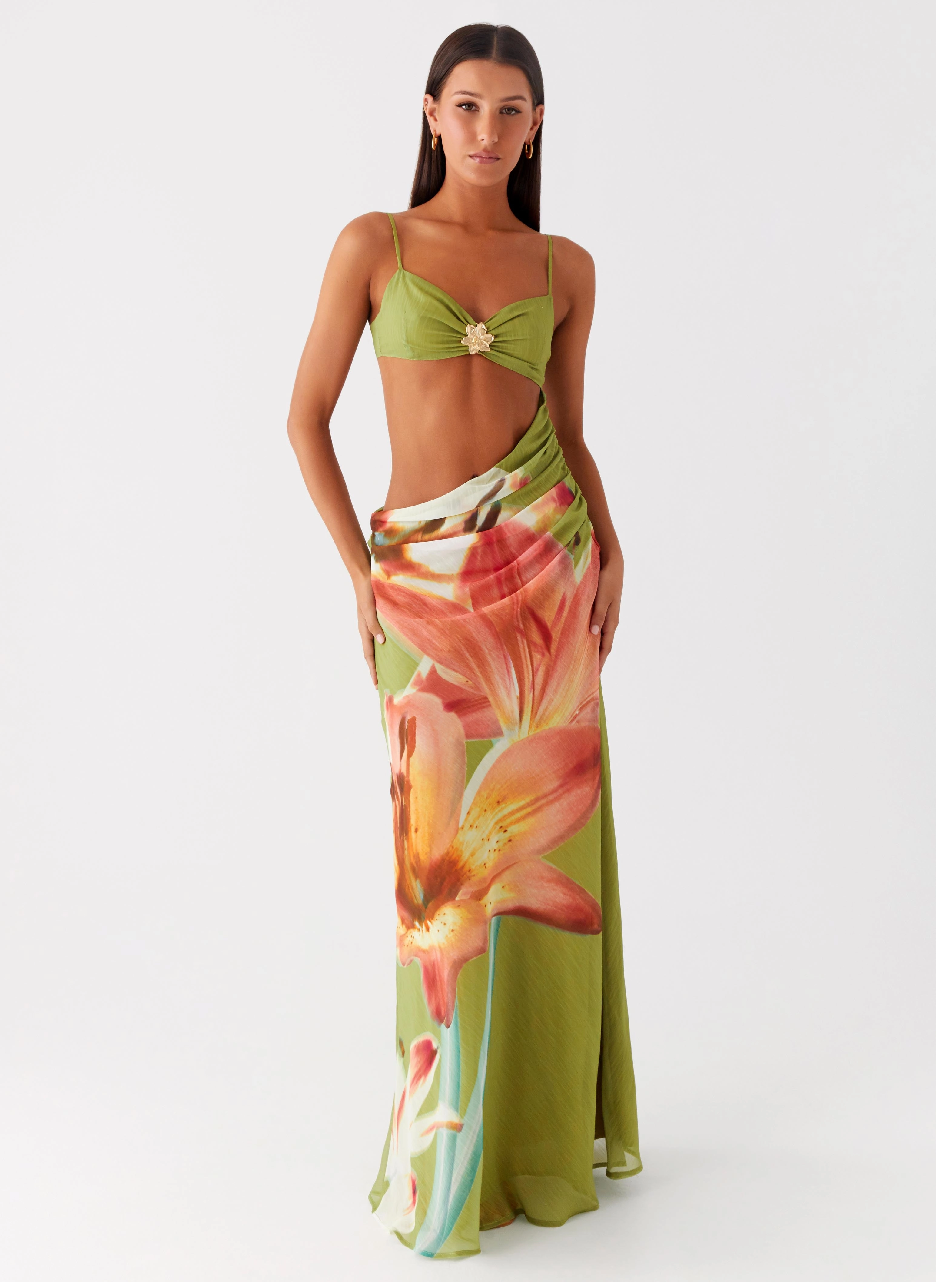 Tropic Rush Cut Out Maxi Dress - Jungle Floral Soft Silhouette Sleek Waist