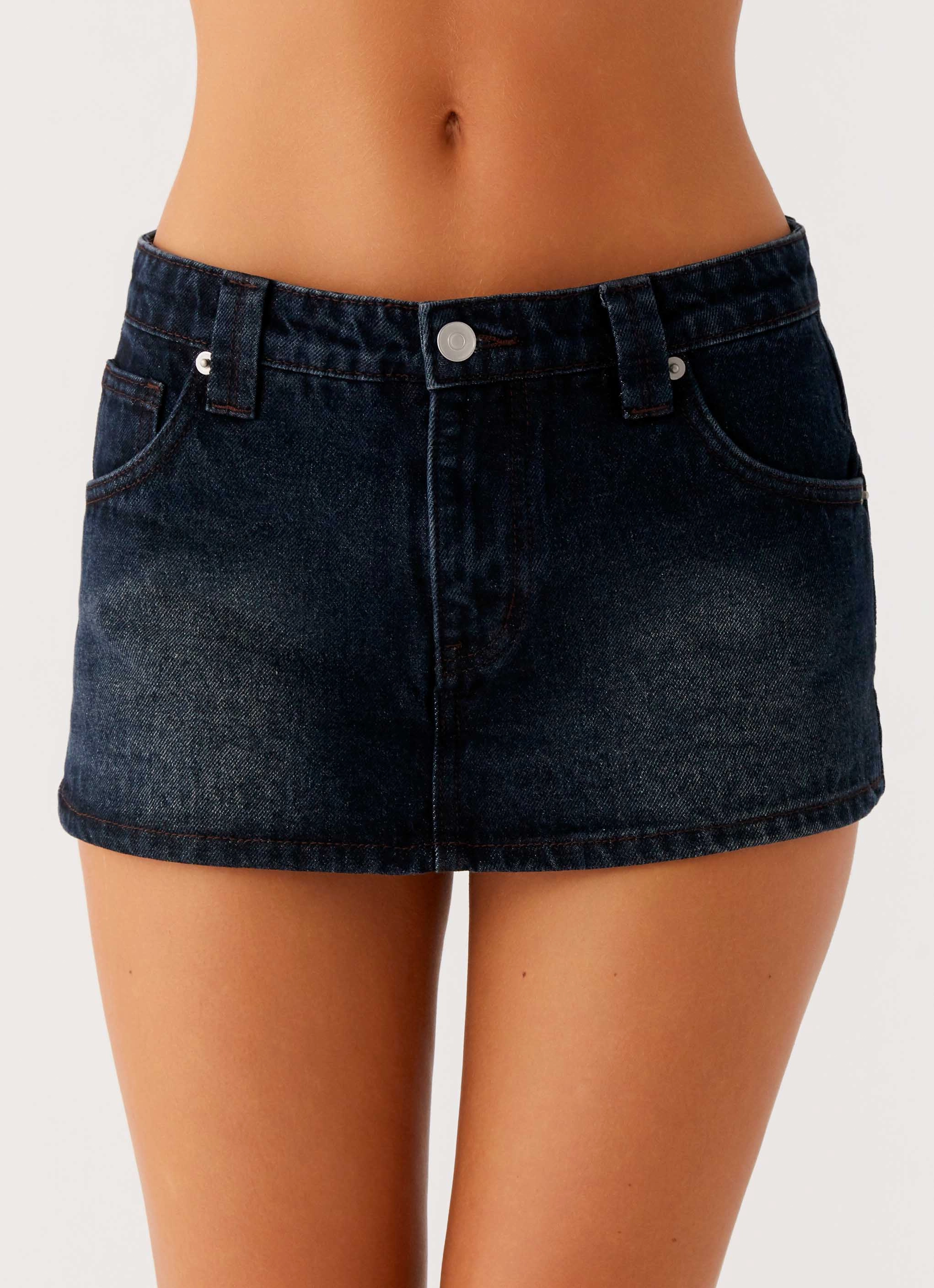Wardrobe Classic Tropics Low Rise Denim Mini Skort - Washed Dark Blue