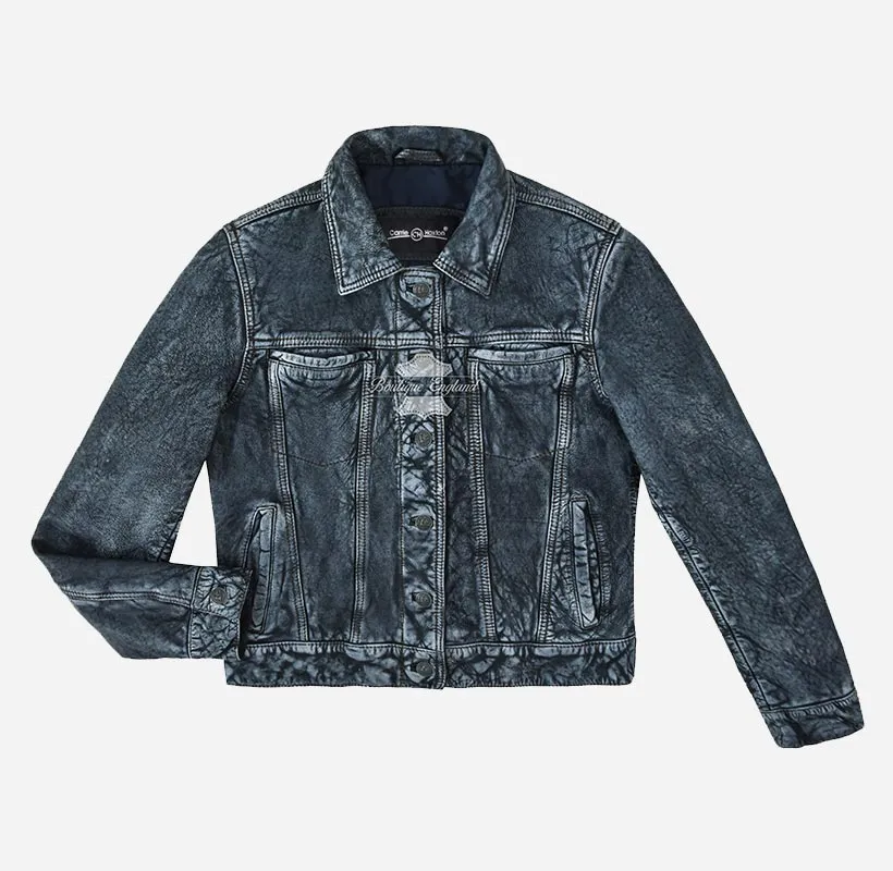 TRUCKER Leather Denim Jacket For Women Waxed Leather Shirt Jacket