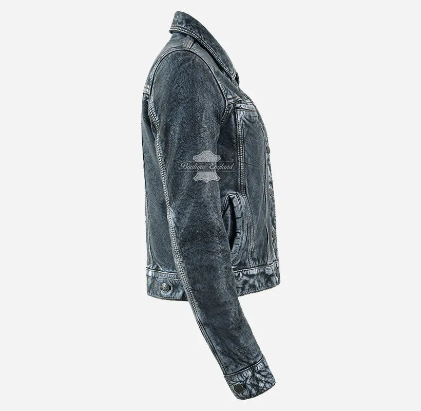 TRUCKER Leather Denim Jacket For Women Waxed Leather Shirt Jacket