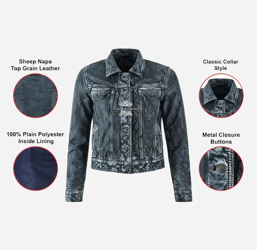 TRUCKER Leather Denim Jacket For Women Waxed Leather Shirt Jacket