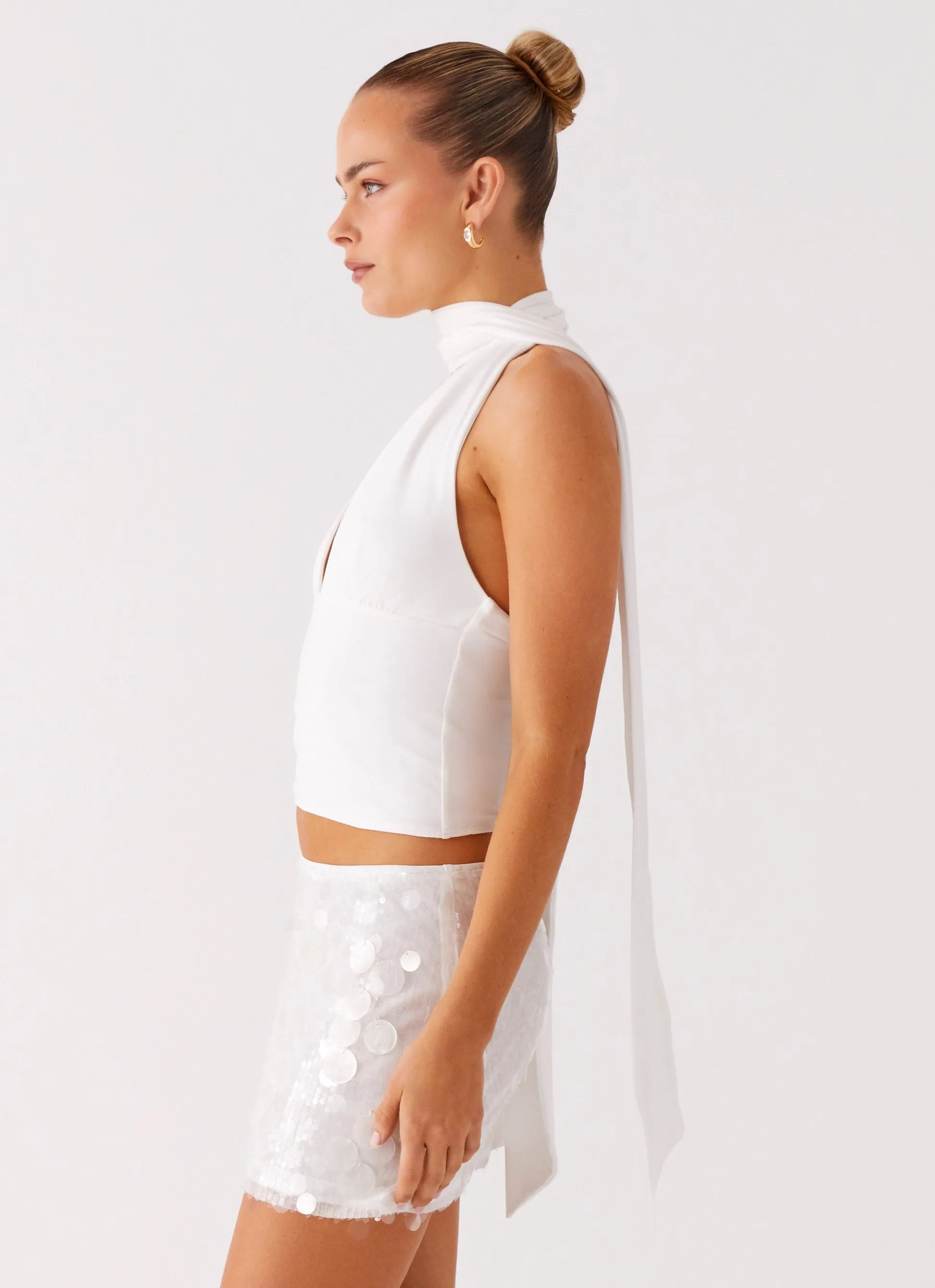 Milos Scarf Halter Neck Top - White YarnDyedQuality