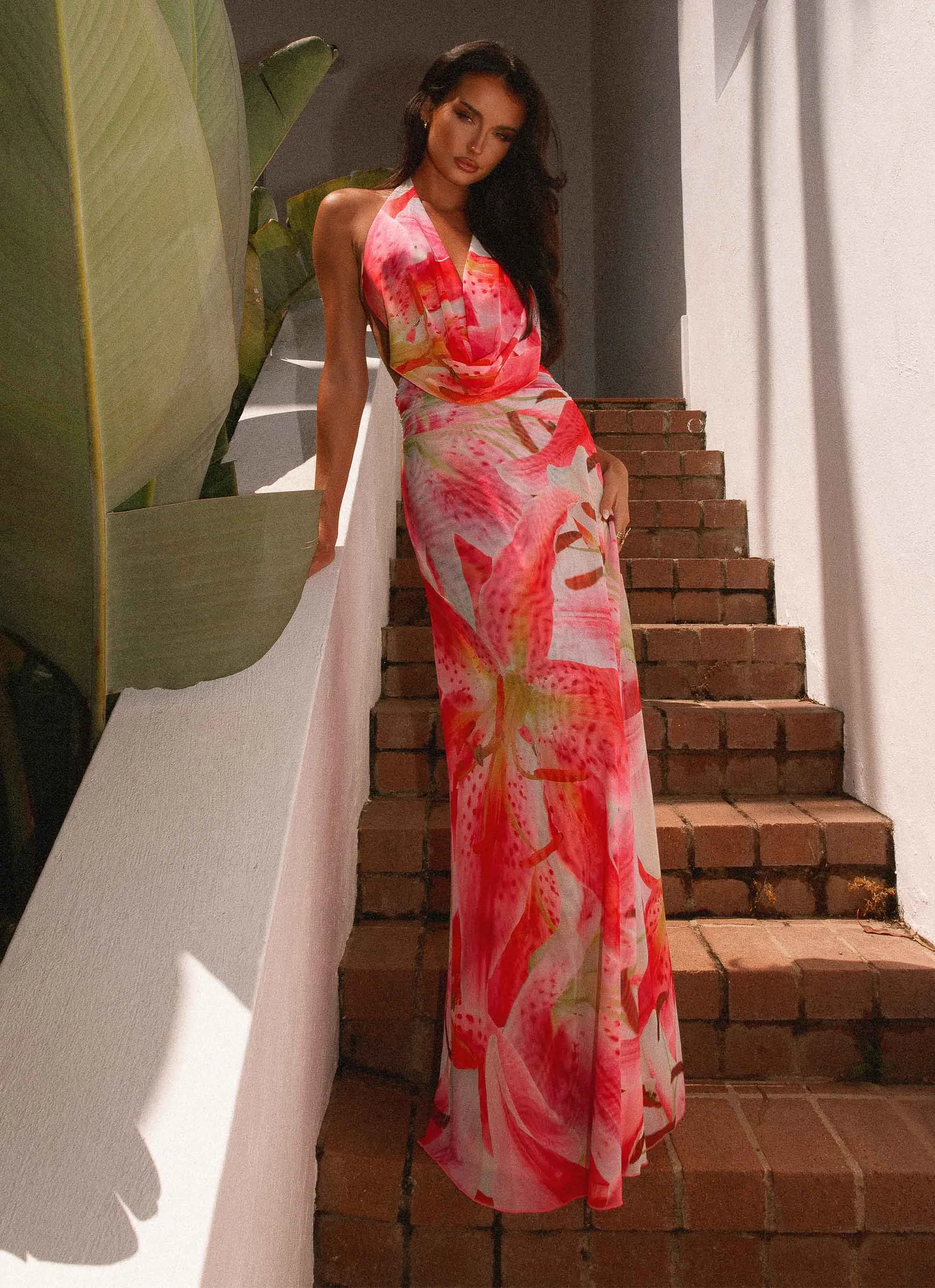 Elysia Mesh Maxi Dress - White Pink Lilly Evening Ready