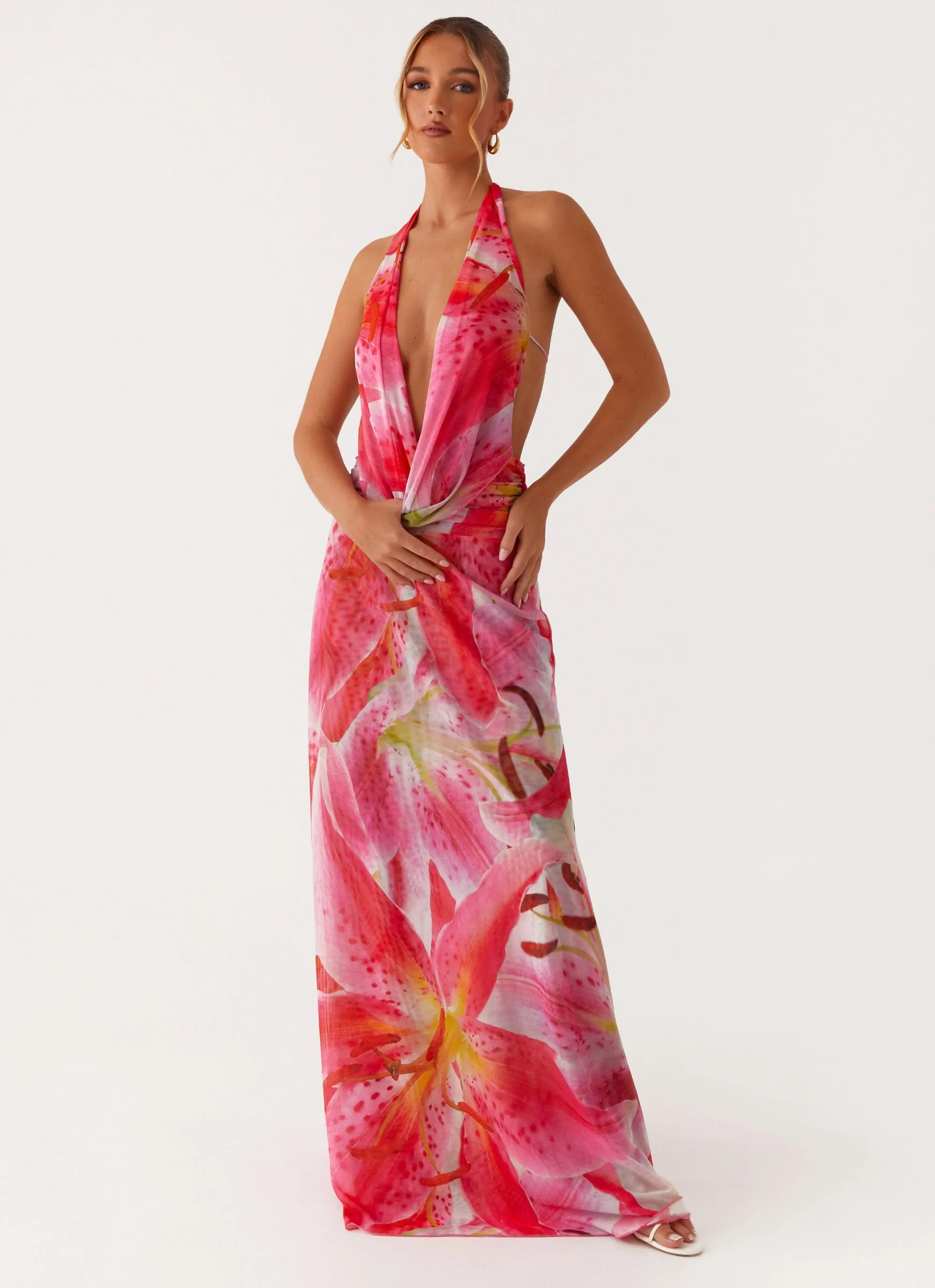 Sleek and Simple Petal Zone Elysia Mesh Maxi Dress - White Pink Lilly
