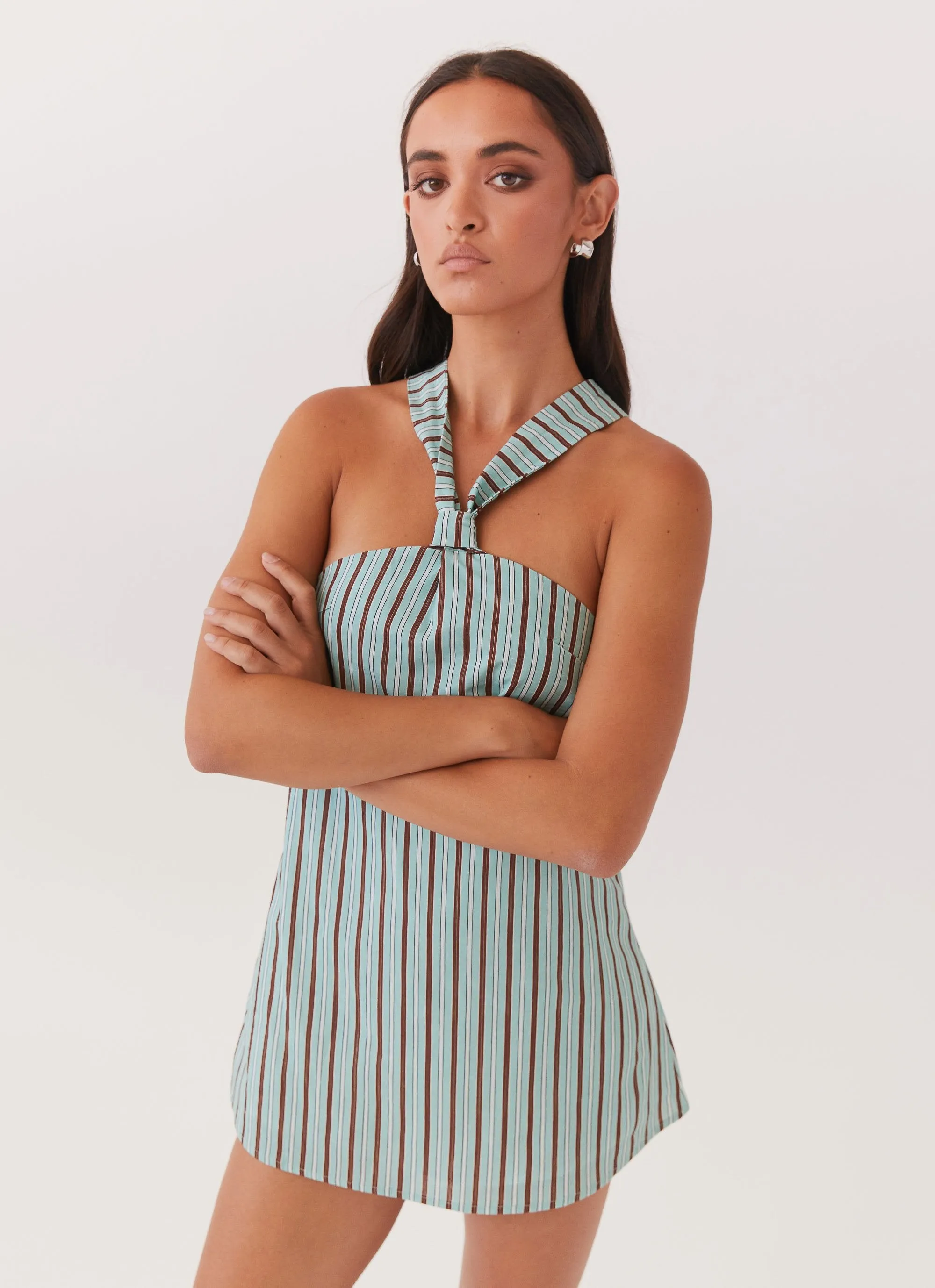 Keira Linen Mini Dress - Coastal Stripe Stylish Waist Fit Effortless Fit