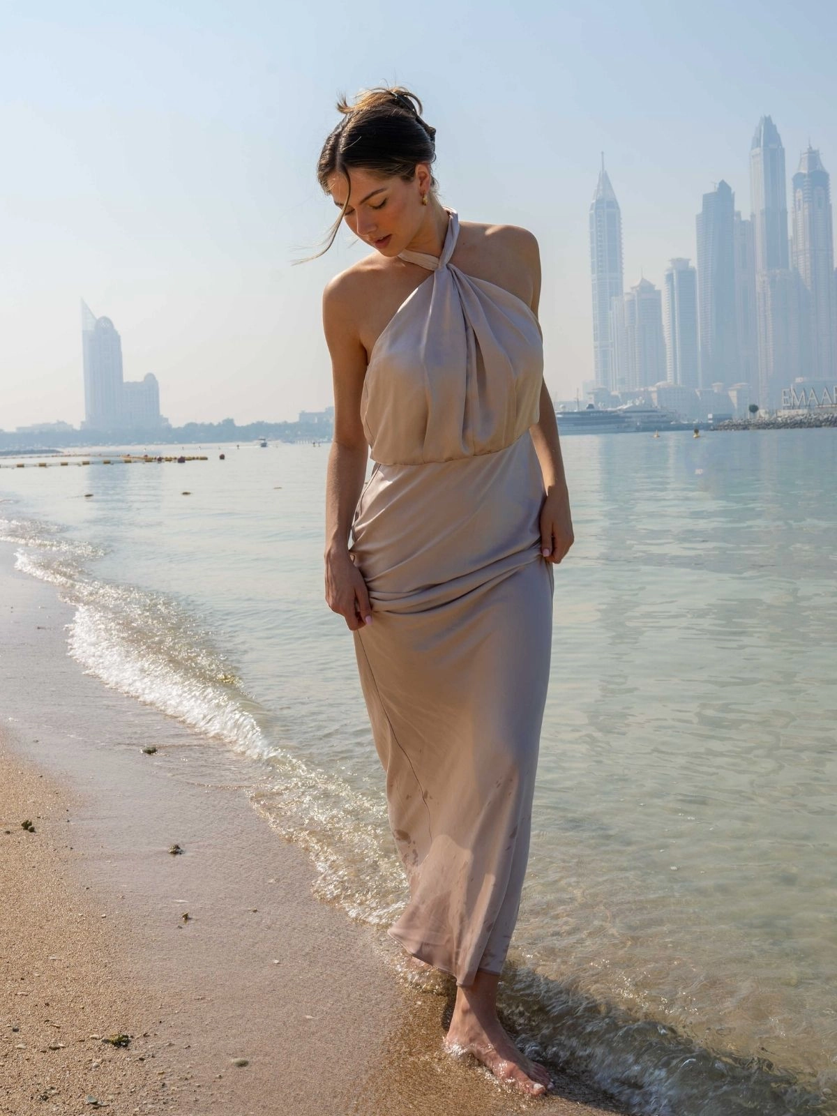 Twist Neck Satin Maxi Dress / Champagne Comfortable and Fashionable