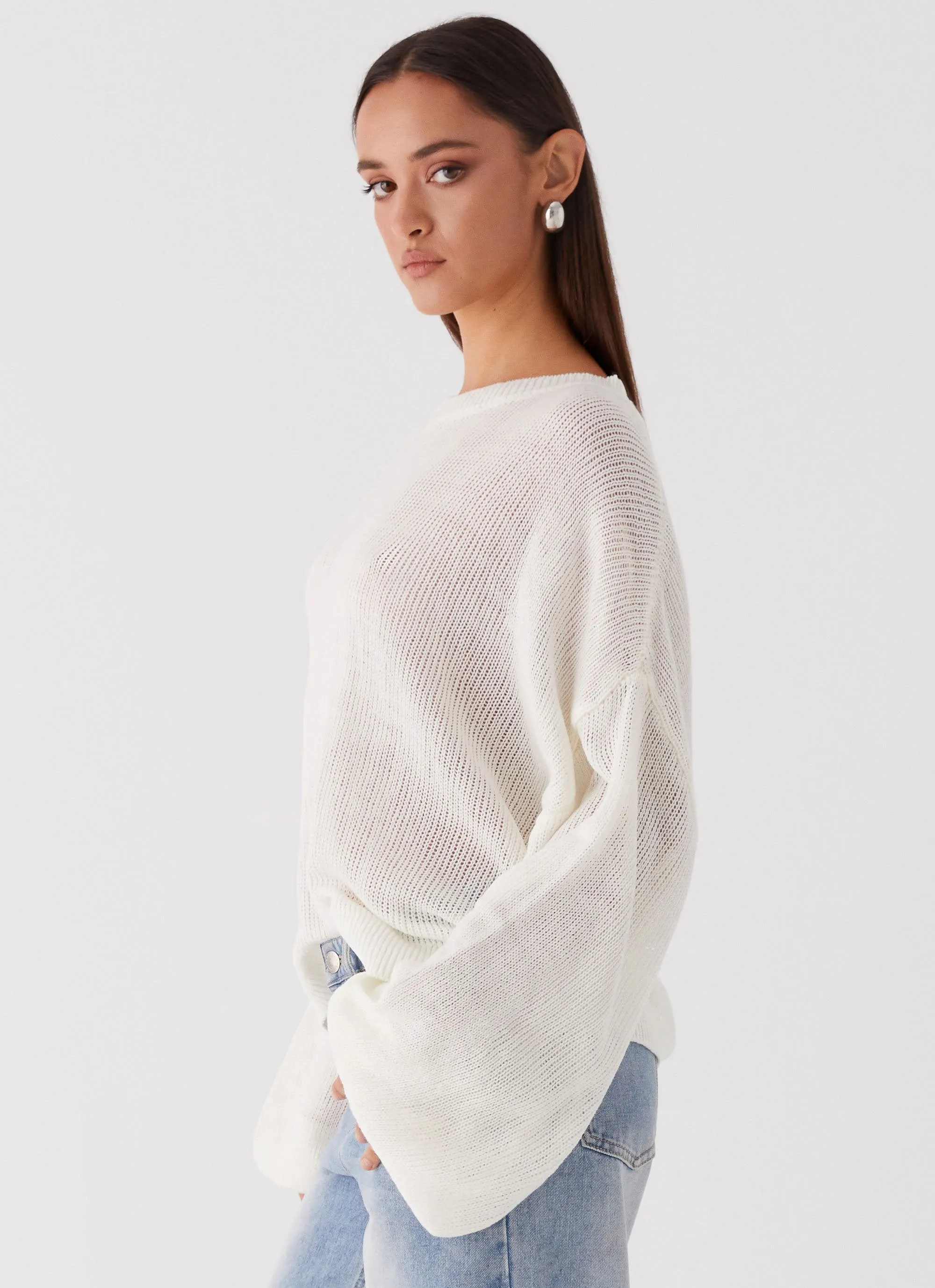 Self Fabric Tie Closure DurableZipper Tyla Oversized Knit Sweater - White