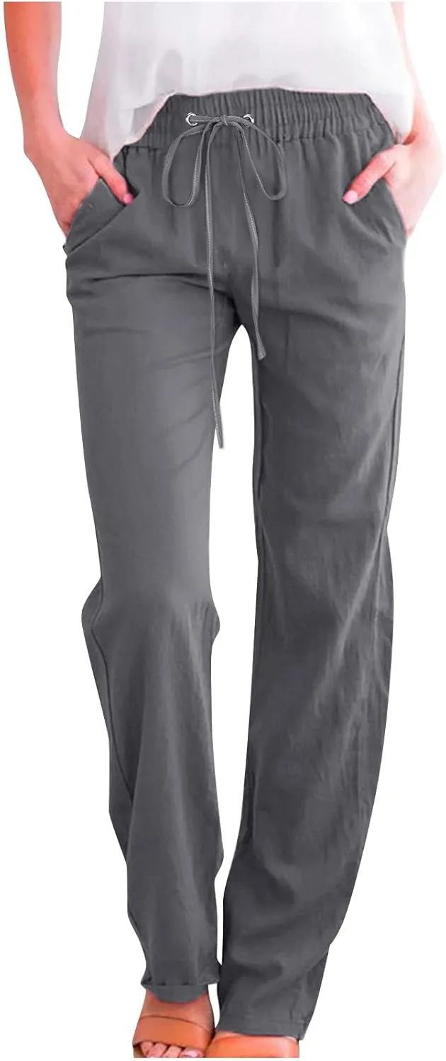 Uillui Work Pants for Women Casual Lightweight Elastic Waist Straight Trousers Summer Loose Cotton Linen Slacks with Pockets