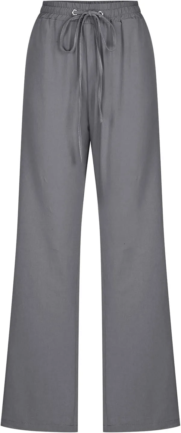 Uillui Work Pants for Women Casual Lightweight Elastic Waist Straight Trousers Summer Loose Cotton Linen Slacks with Pockets