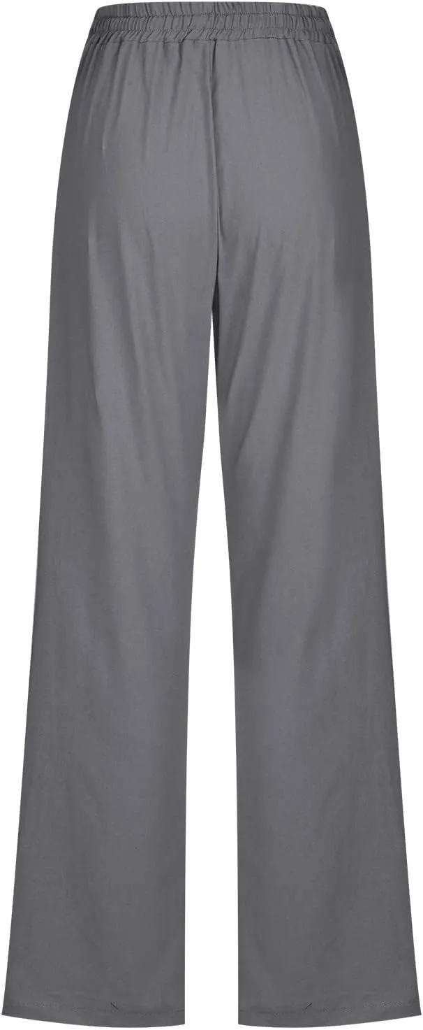 Uillui Work Pants for Women Casual Lightweight Elastic Waist Straight Trousers Summer Loose Cotton Linen Slacks with Pockets