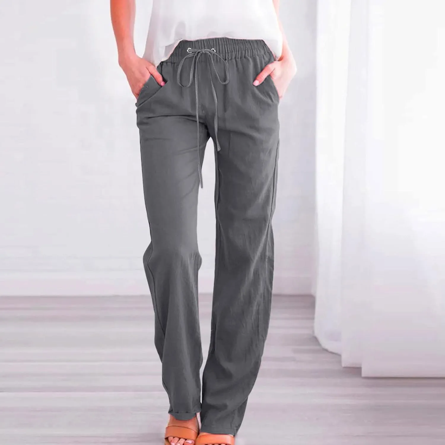 Uillui Work Pants for Women Casual Lightweight Elastic Waist Straight Trousers Summer Loose Cotton Linen Slacks with Pockets