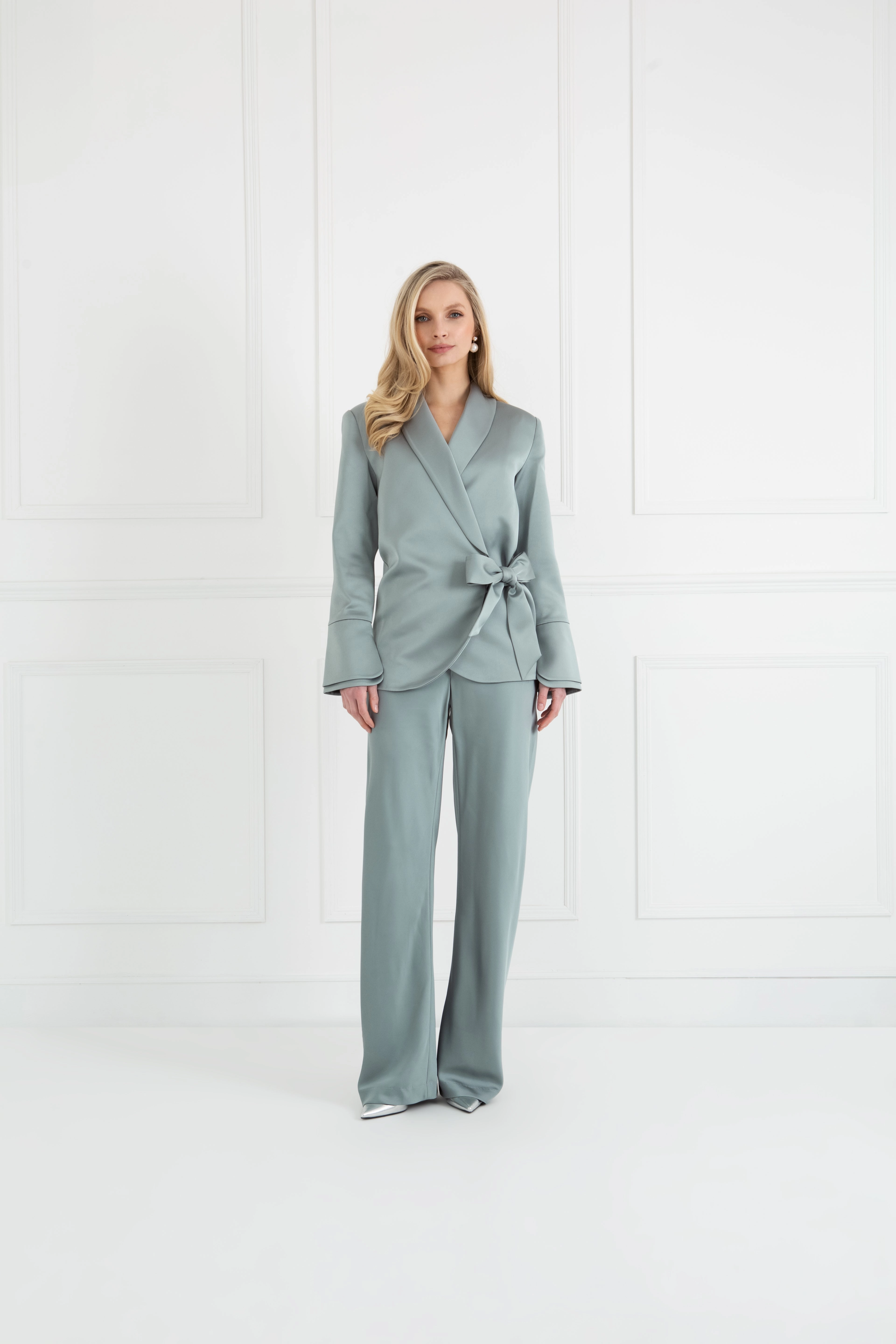 "The Sandra" - Satin Trousers Long (Icy Sage) Non Chafing Edges