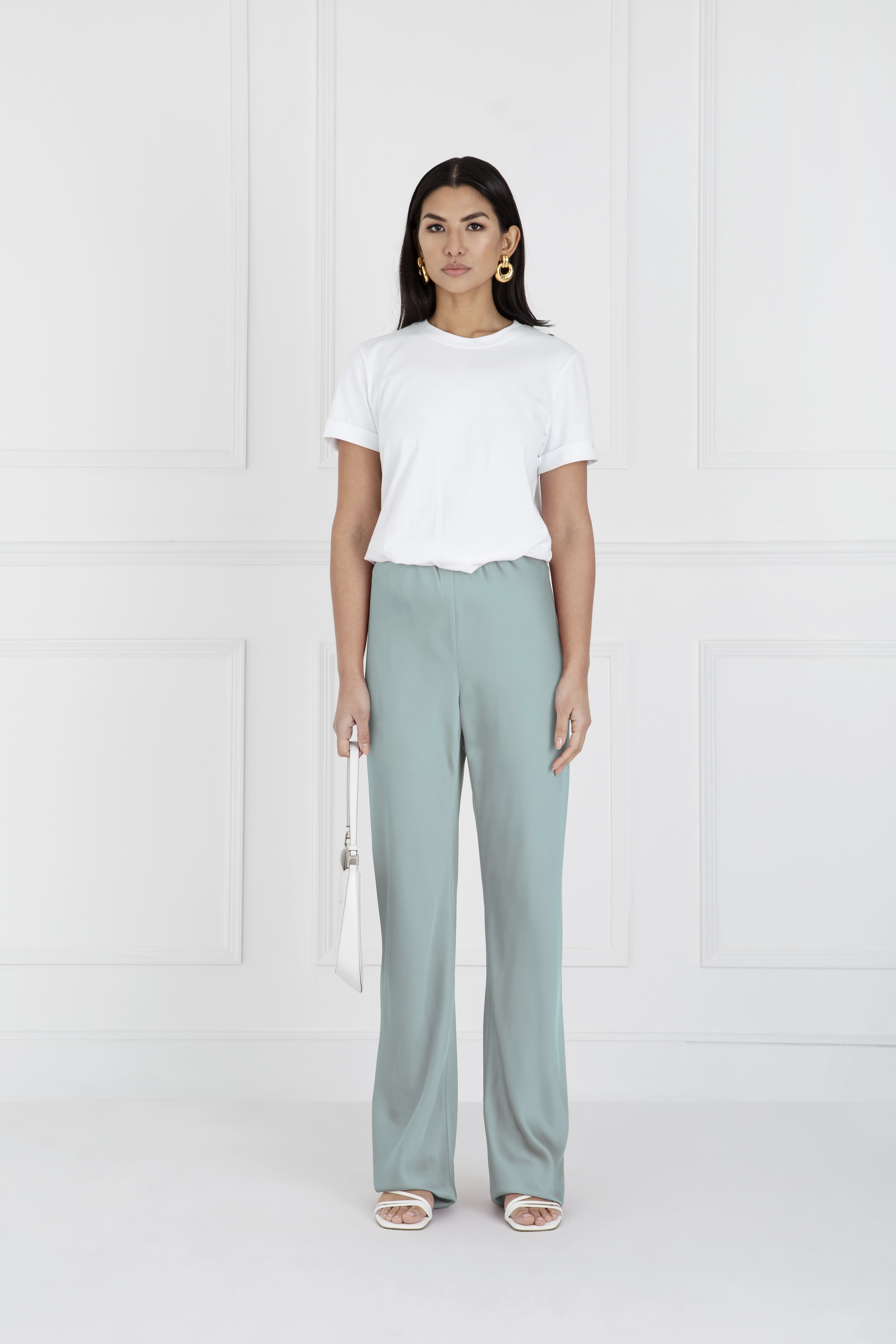 "The Sandra" - Satin Trousers Long (Icy Sage) VersatileLayering