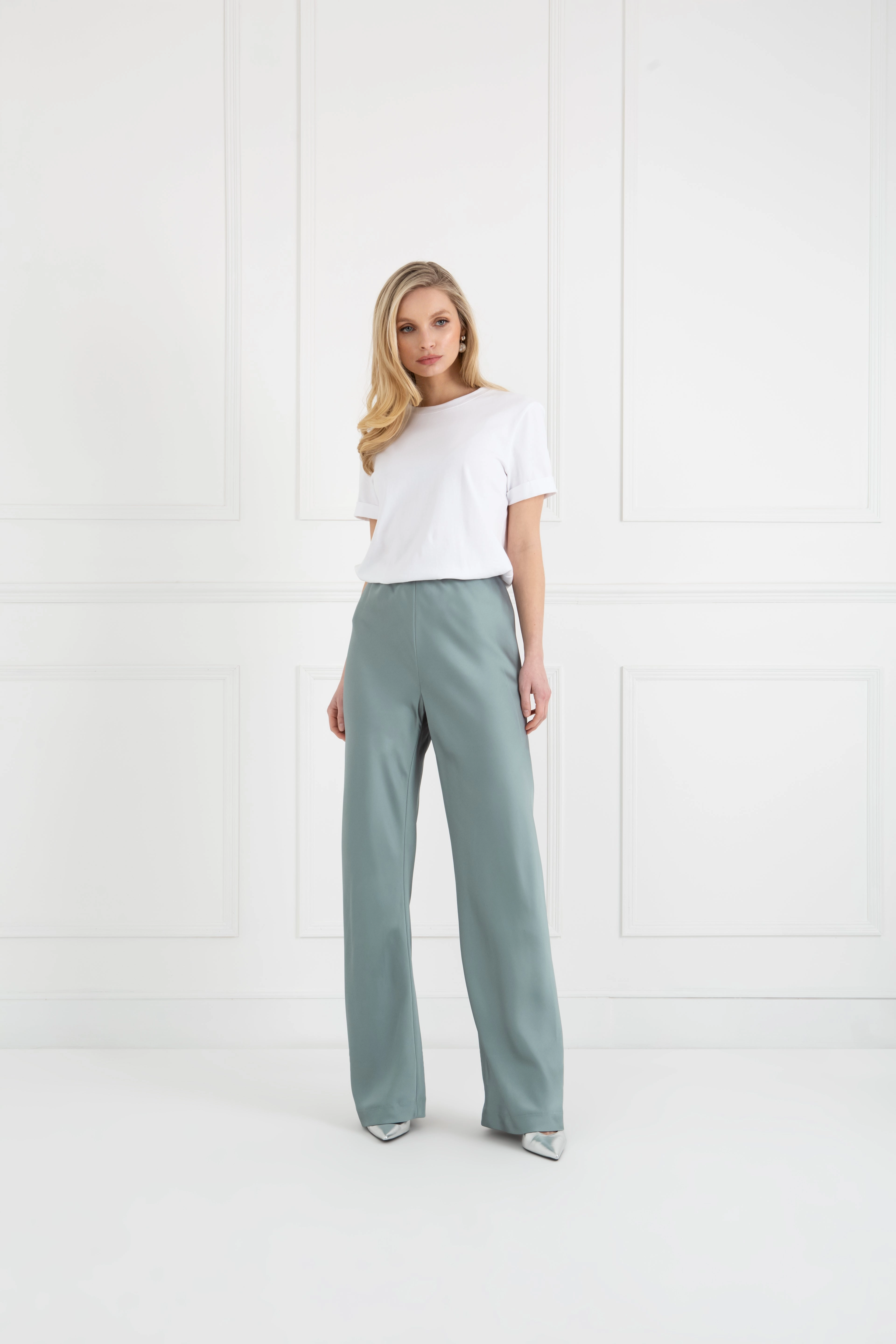 "The Sandra" - Satin Trousers Long (Icy Sage) CompressionFit Ventilated Back Panel