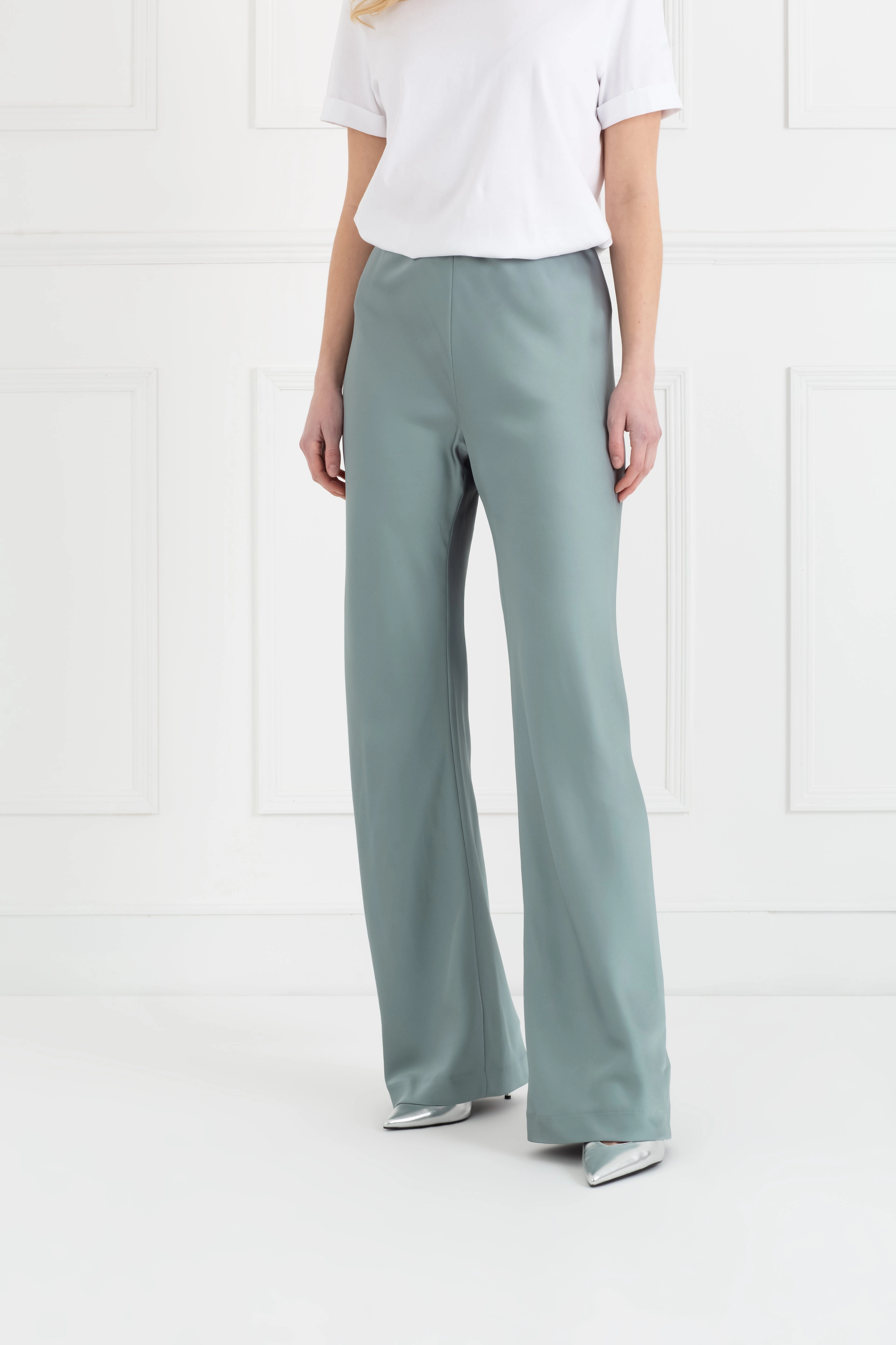 "The Sandra" - Satin Trousers Long (Icy Sage) StretchFit