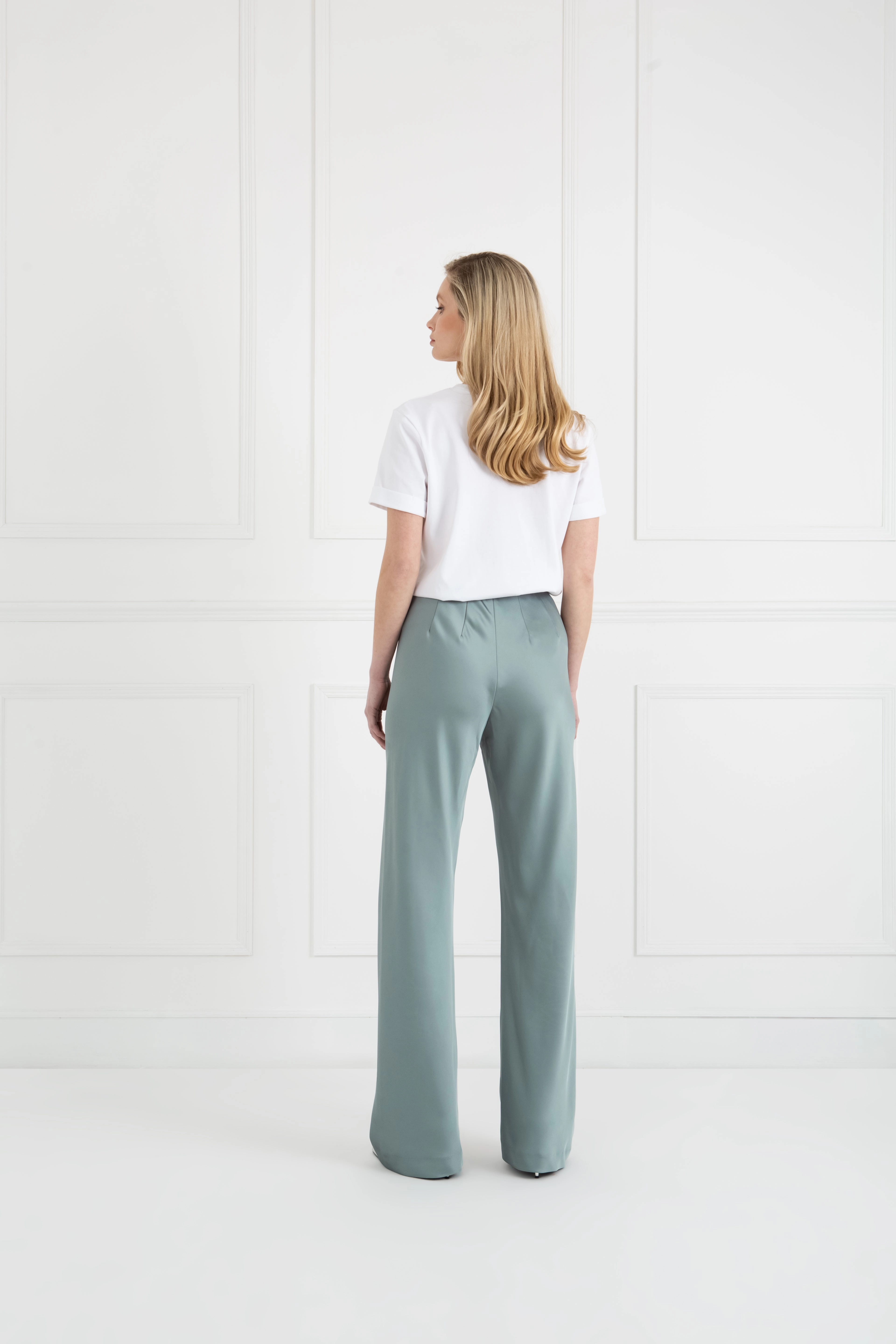 "The Sandra" - Satin Trousers Long (Icy Sage) Thermal Regulating Fabric Cozy Layer