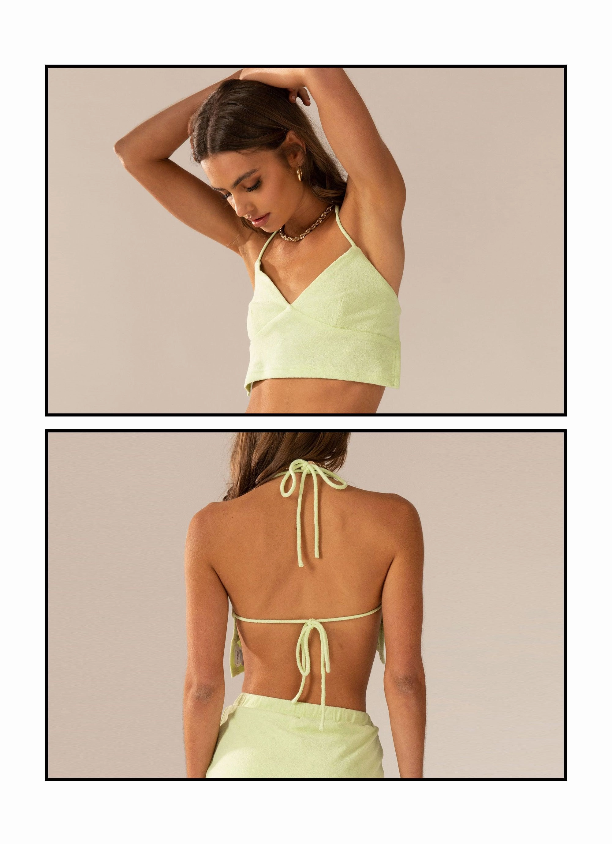 Warmer Water Terry Halter Crop - Lime Green NonRestrictiveCollar