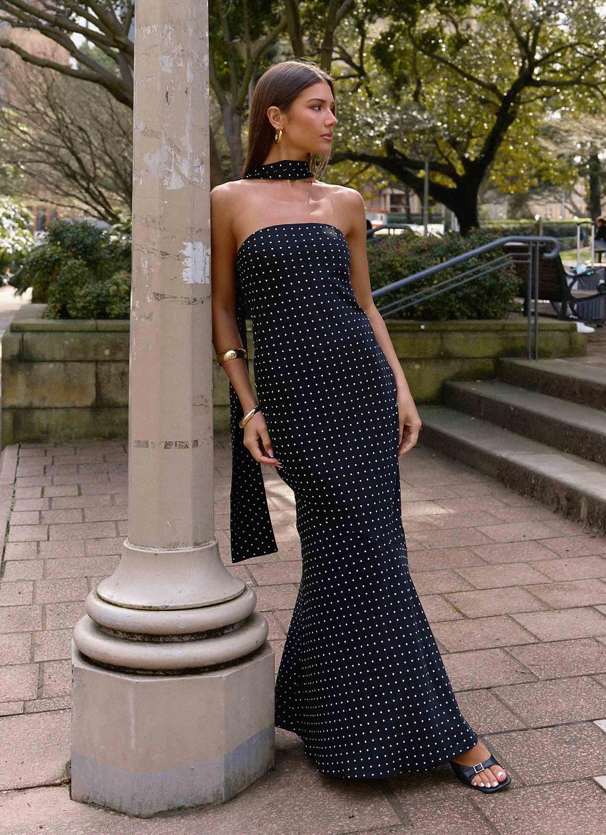 Under The Pagoda Maxi Dress - Black Polkadot Artistic Shape Dreamy Drape