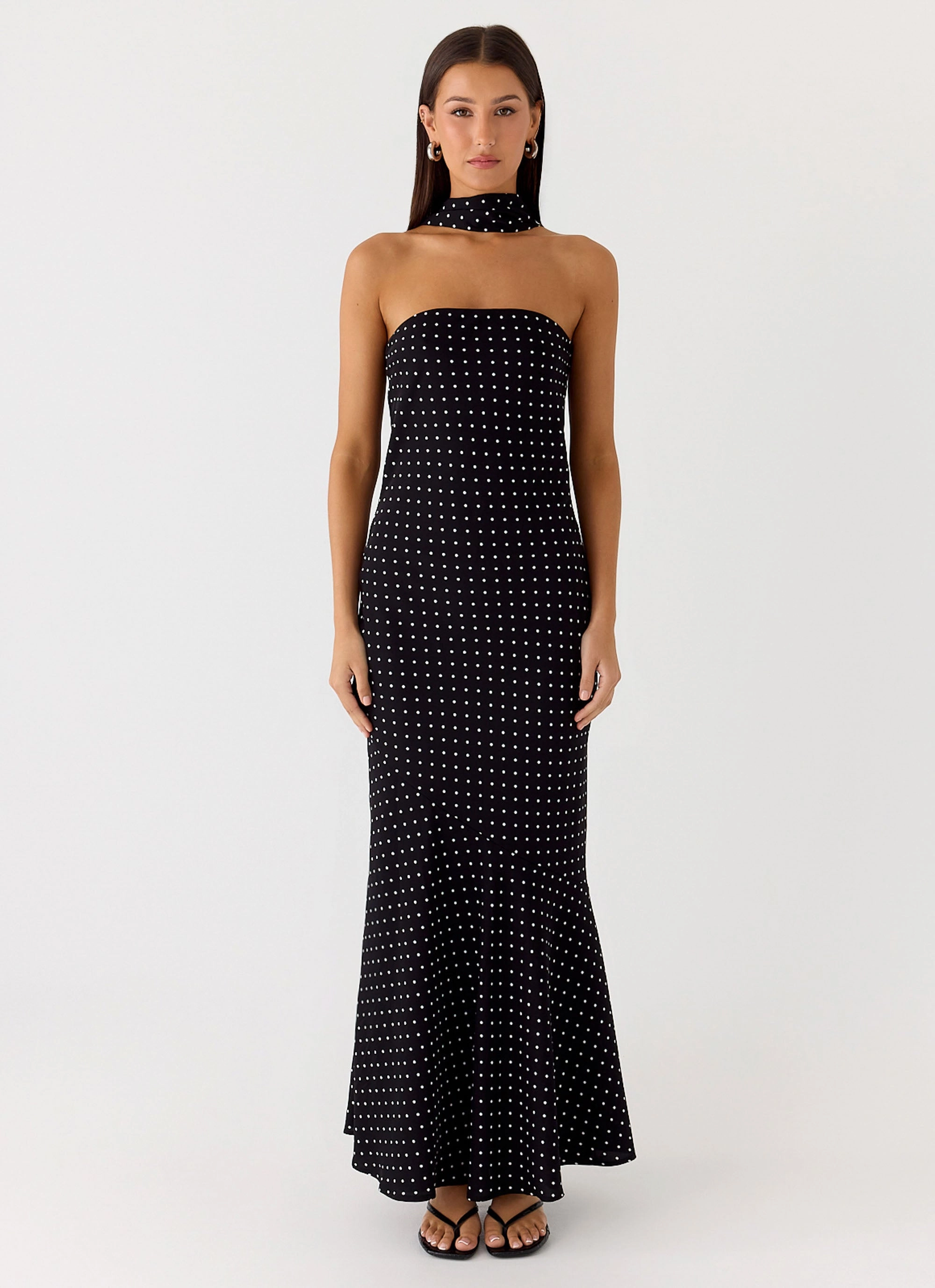 Under The Pagoda Maxi Dress - Black Polkadot Nordic Plain Front Detail