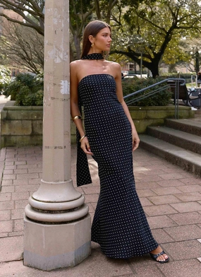 Under The Pagoda Maxi Dress - Black Polkadot Artistic Shape Dreamy Drape