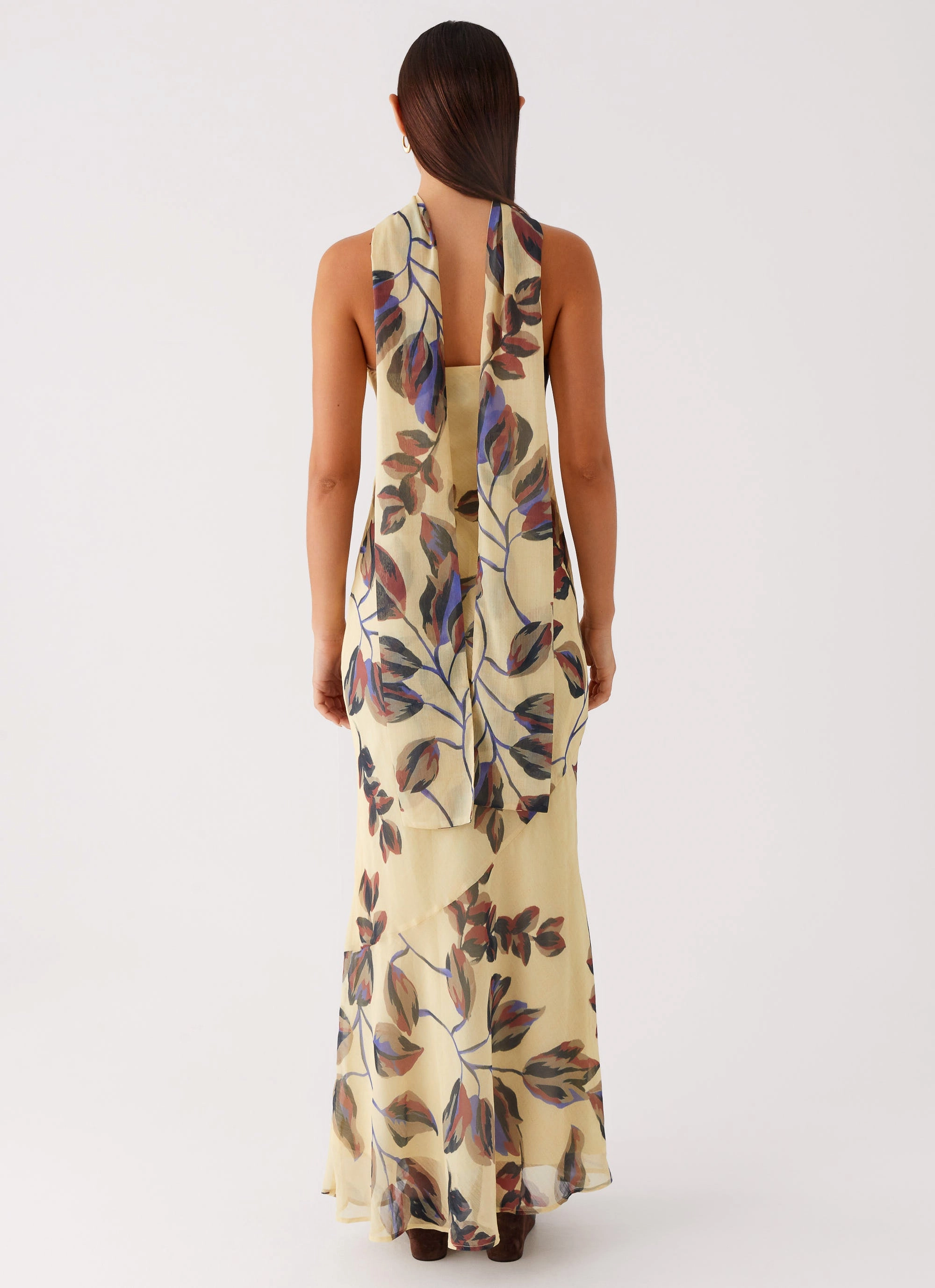 Under The Pagoda Maxi Dress - Buttercream Leaf Print Fall Comfort Magnetic-Closure