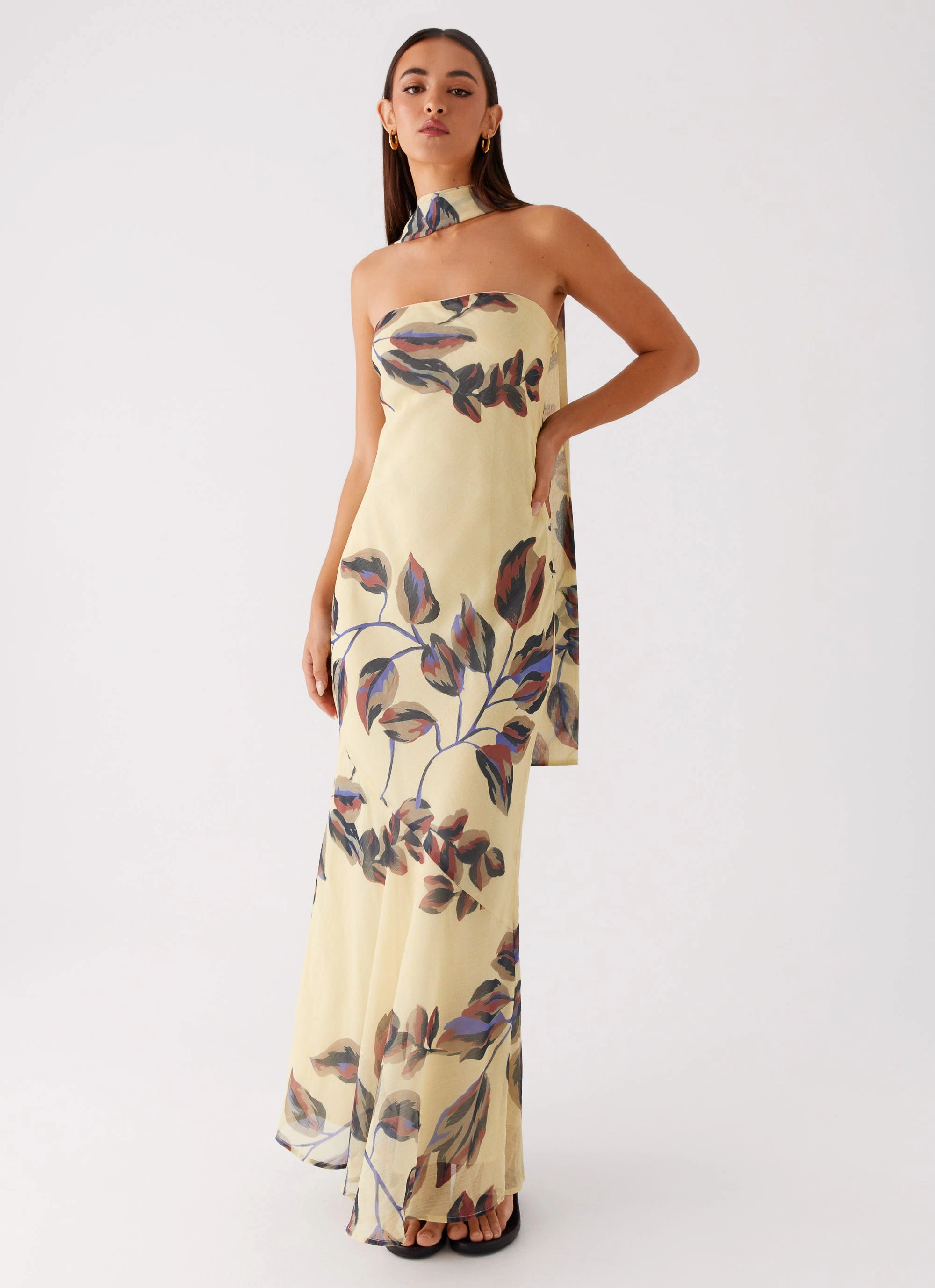 Under The Pagoda Maxi Dress - Buttercream Leaf Print Charming Design Formal dinner wear