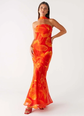 Under The Pagoda Maxi Dress - Orange Floral Sleeveless Cut Style focused