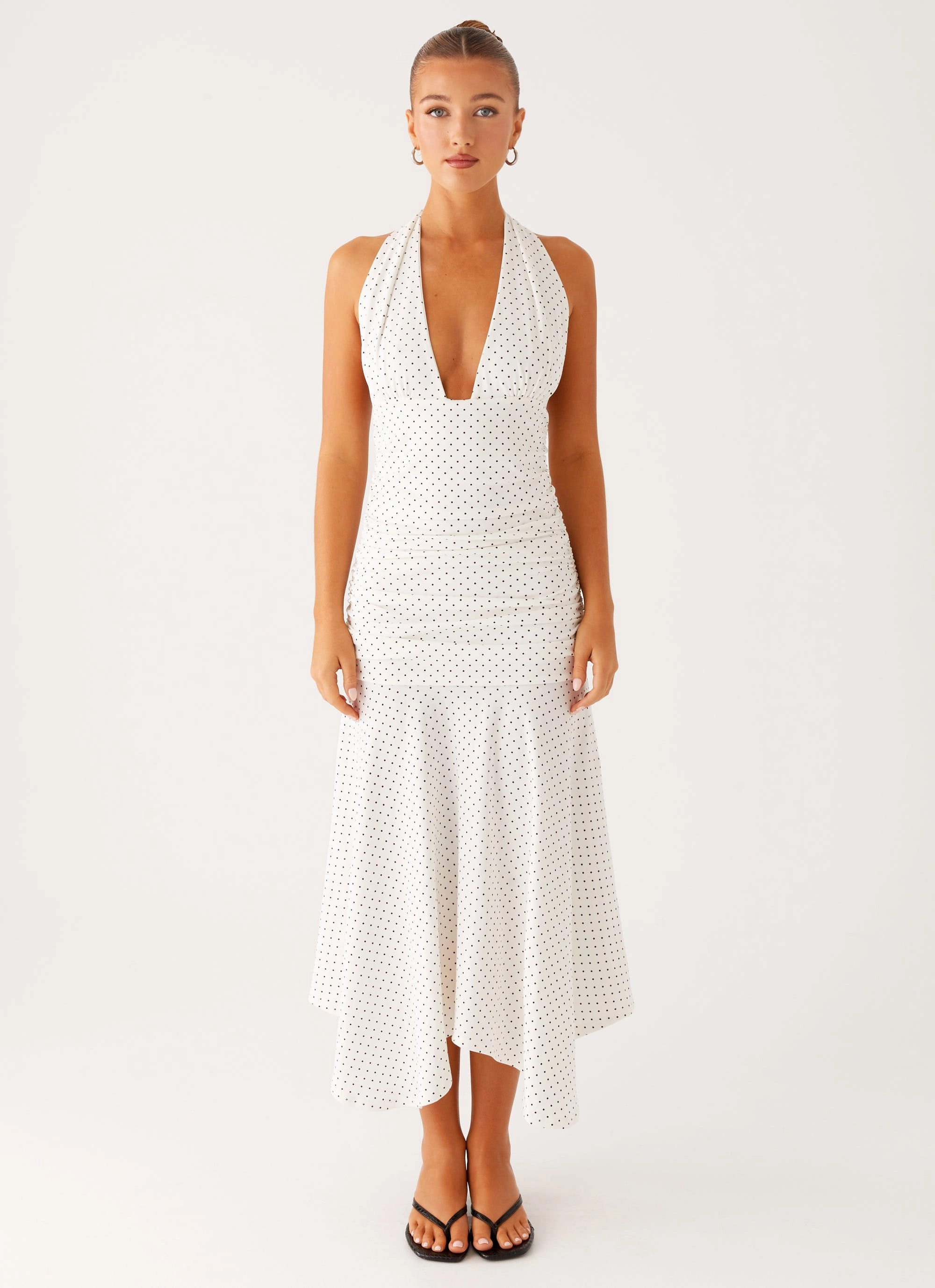 Grettana Halter Neck Midi Dress - White Polka Dot Stylish and Simple
