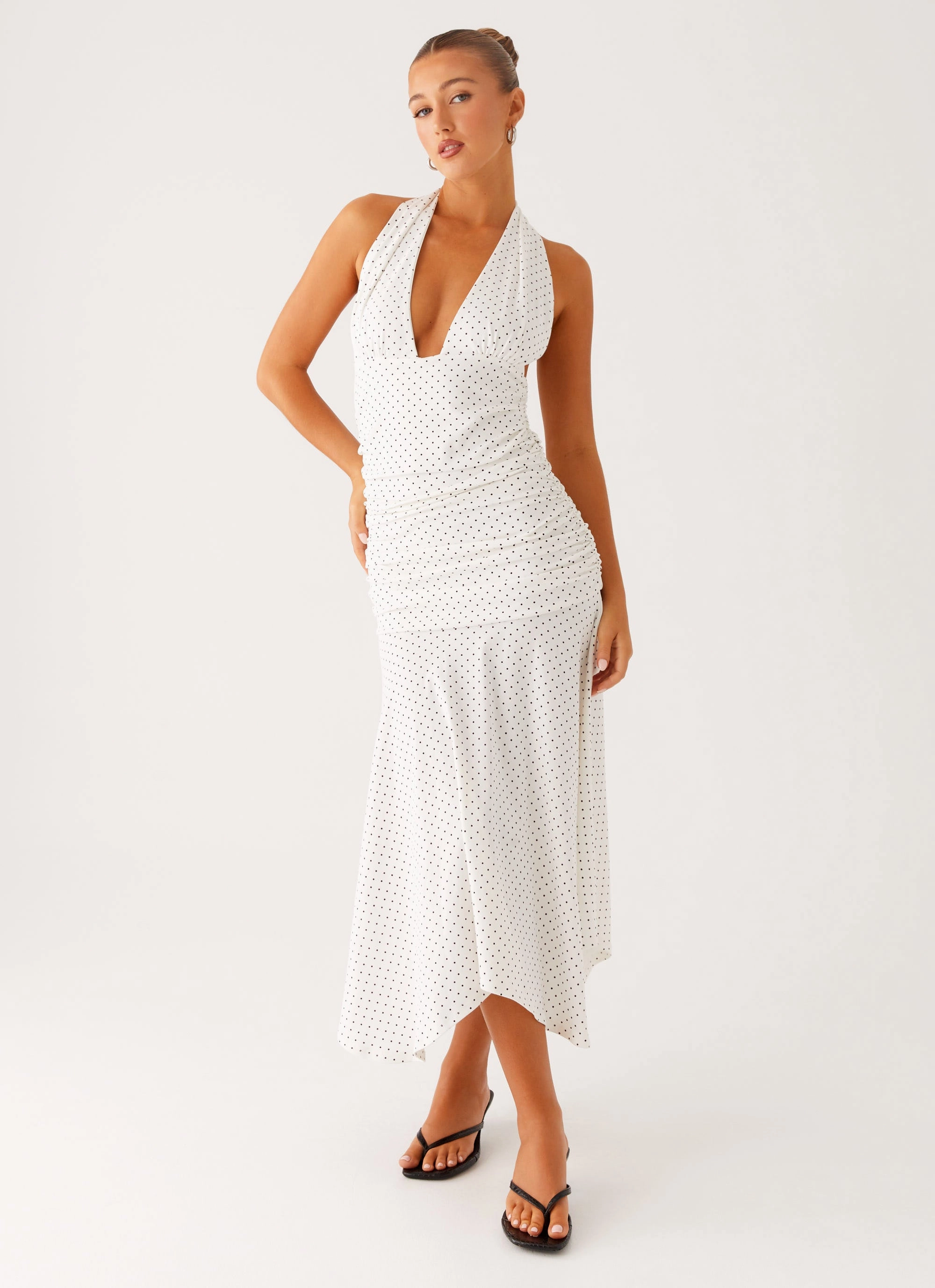 Fitted Style Grettana Halter Neck Midi Dress - White Polka Dot
