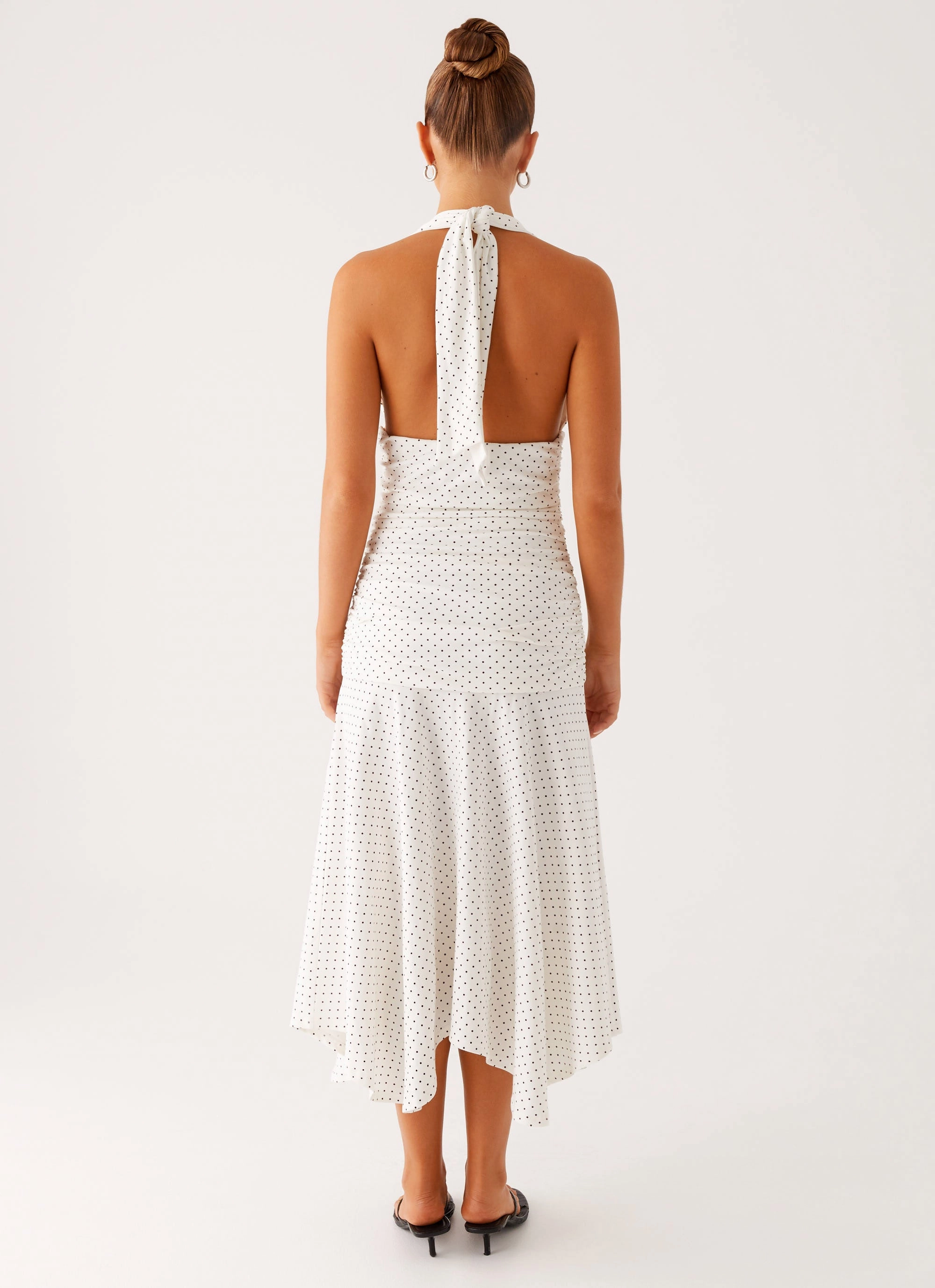 Grettana Halter Neck Midi Dress - White Polka Dot Satin Finish Romantic-Detail