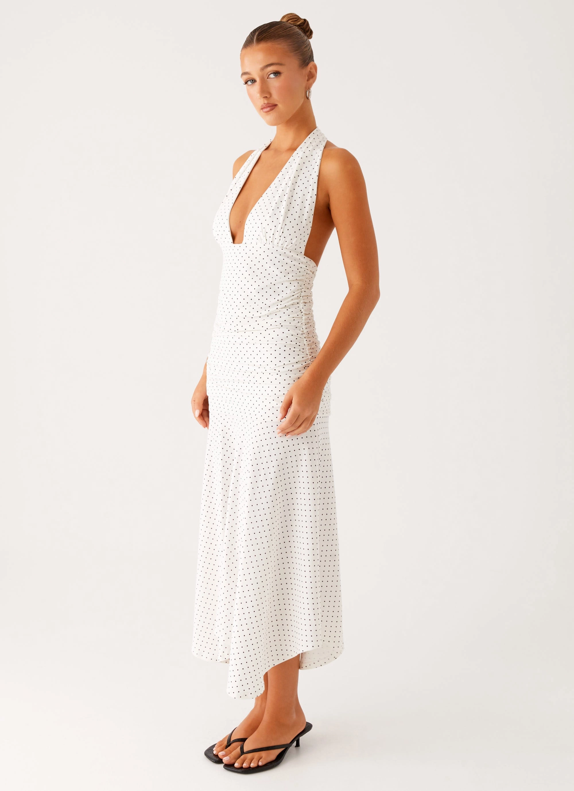 Grettana Halter Neck Midi Dress - White Polka Dot Crinkle Effect Neutral Layer