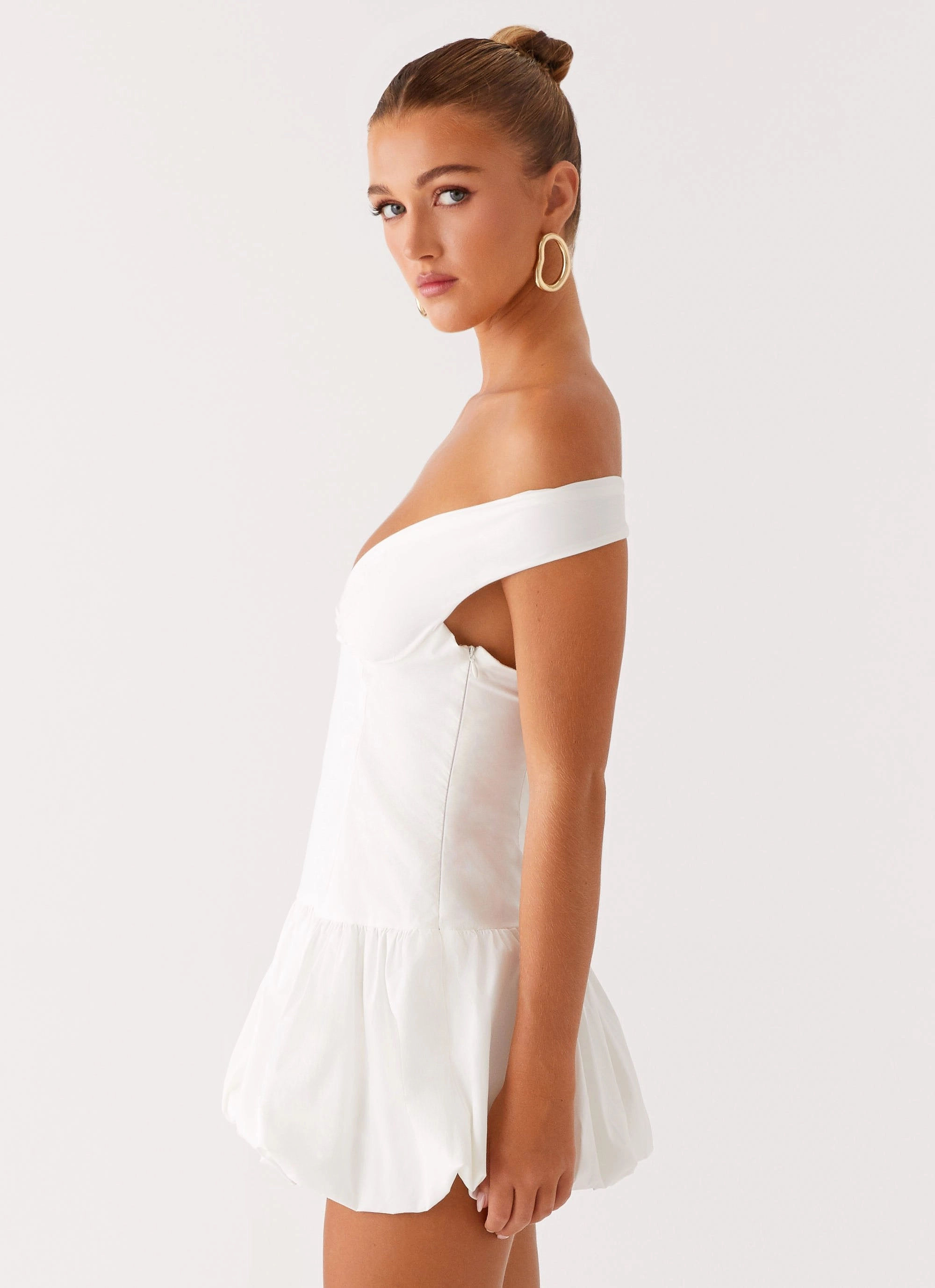 Pleat Breeze Silk Shine Endless Romance Off Shoulder Mini Dress - White