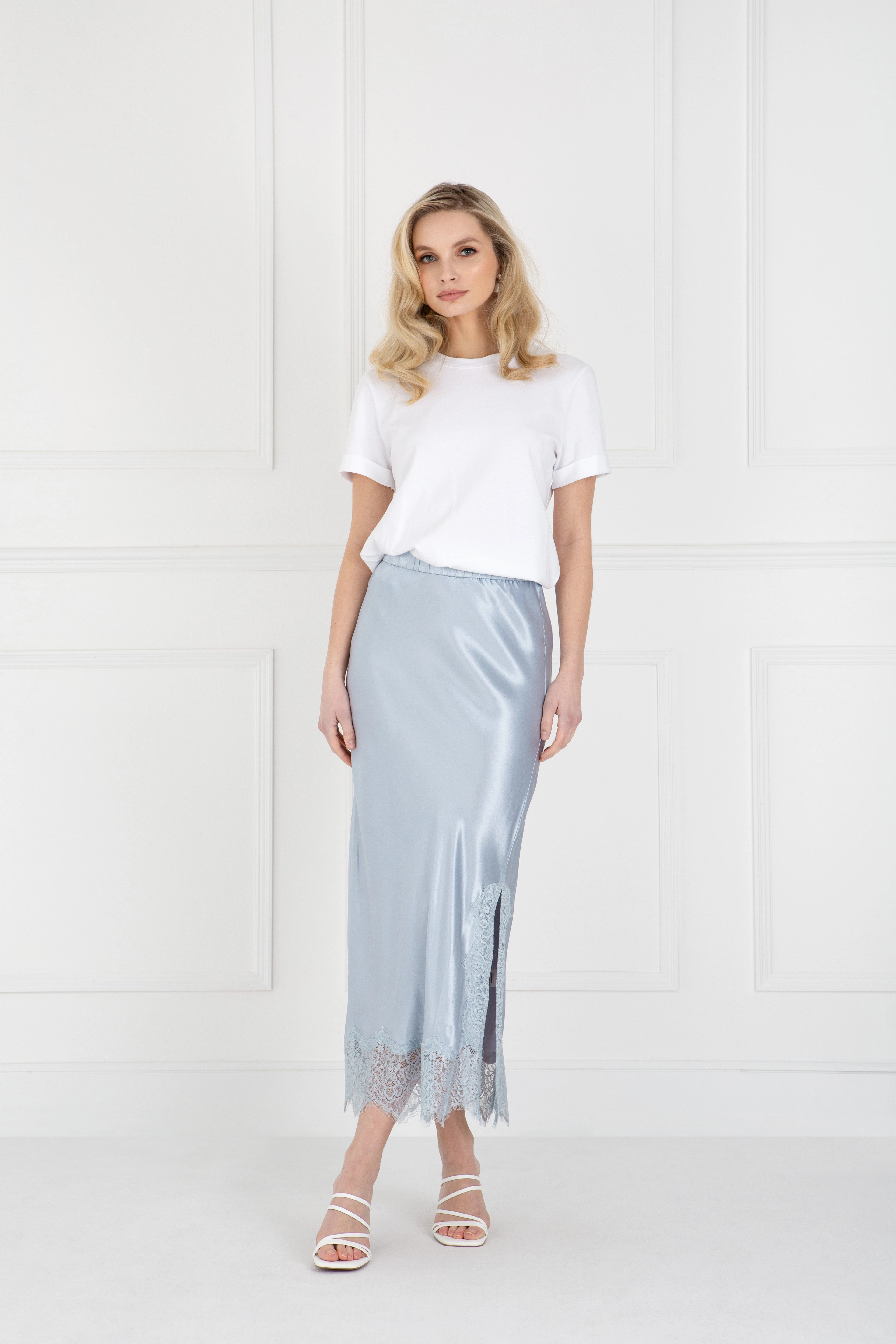 "The Orla" - Satin Lace Midi Skirt (Blue) Golden Scene