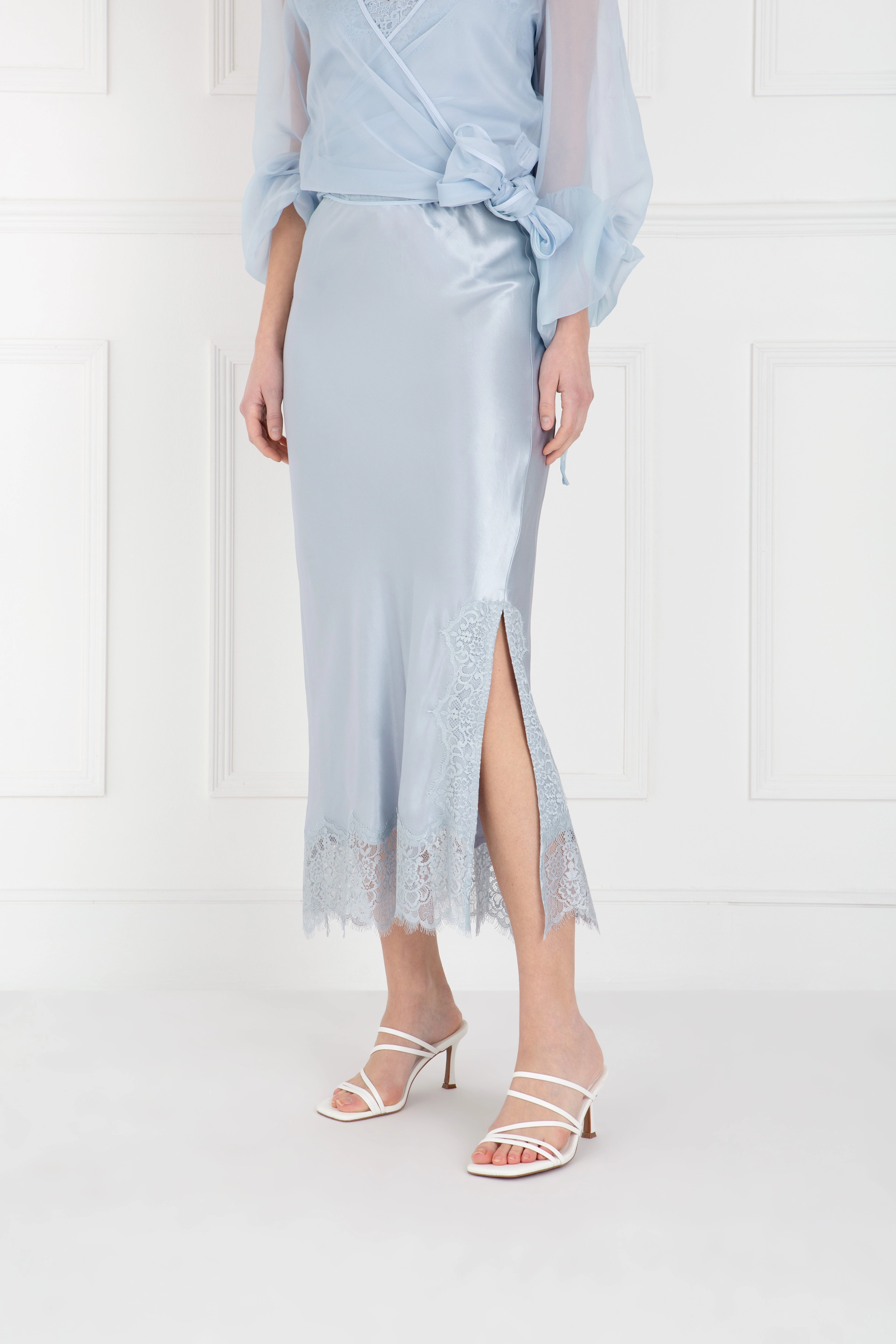 "The Orla" - Satin Lace Midi Skirt (Blue) Semi Sheer