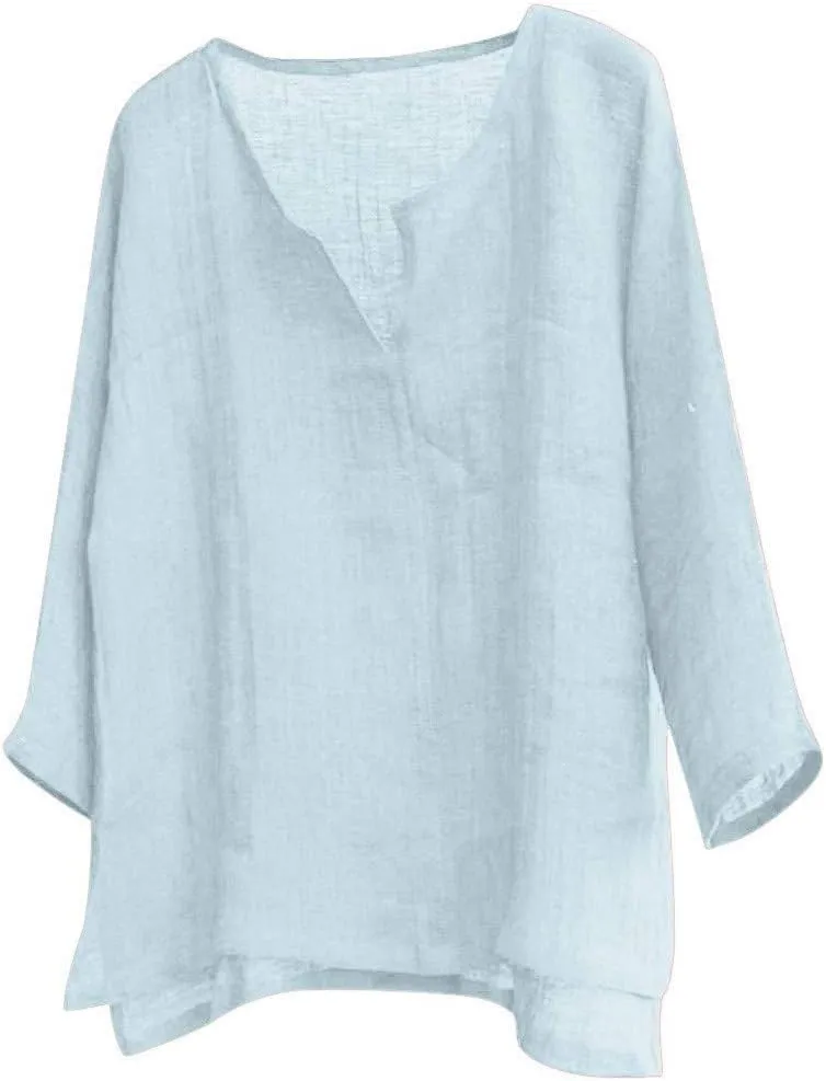 Unisex Summer Baggy Cotton Linen Henley Shirts Casual Loose Beach Yoga Tops Blouse Plus Size M-3XL