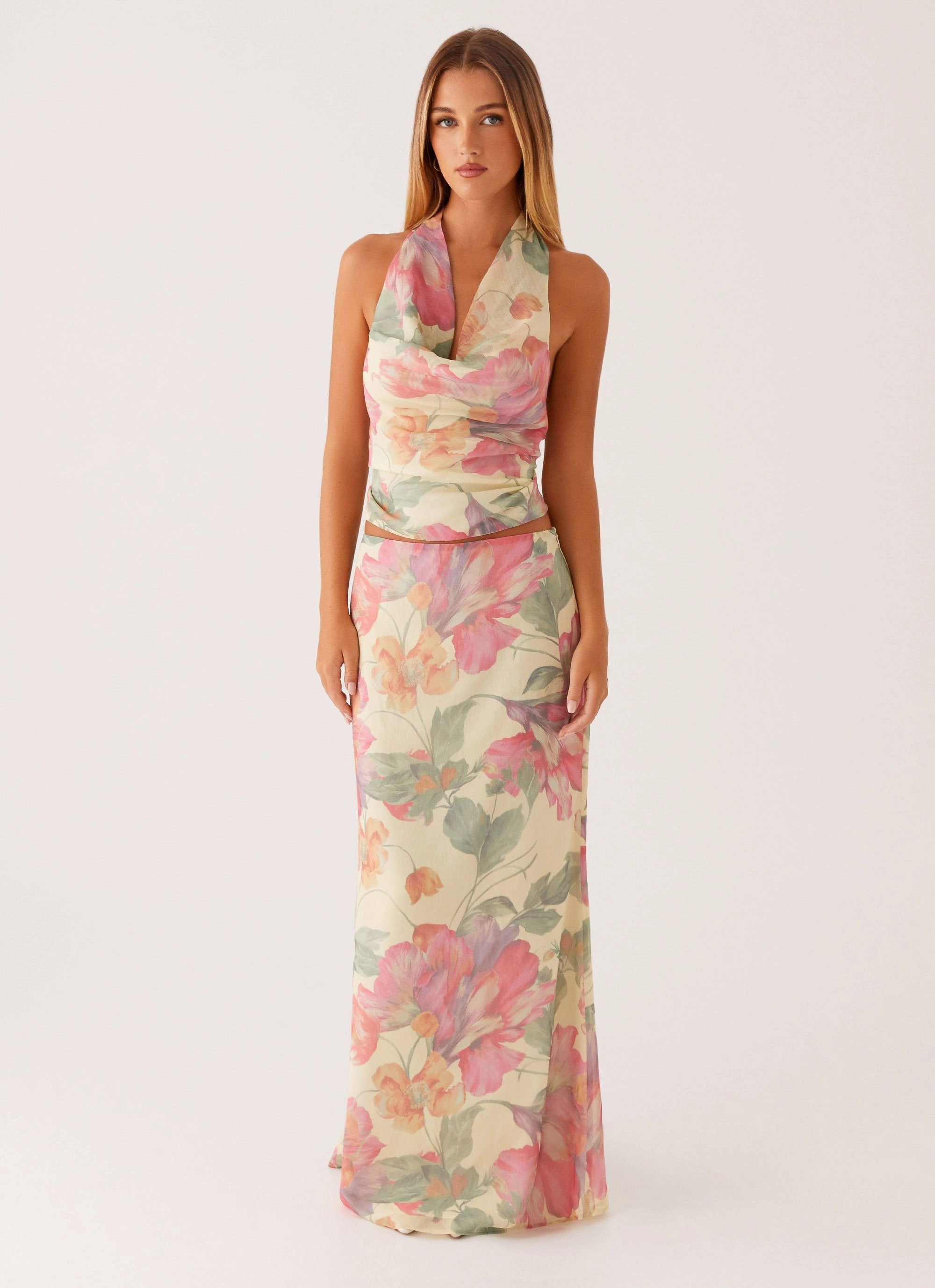 Soulful Low Rise Maxi Skirt - Yellow Peony Soft Layers Contrast Stitching