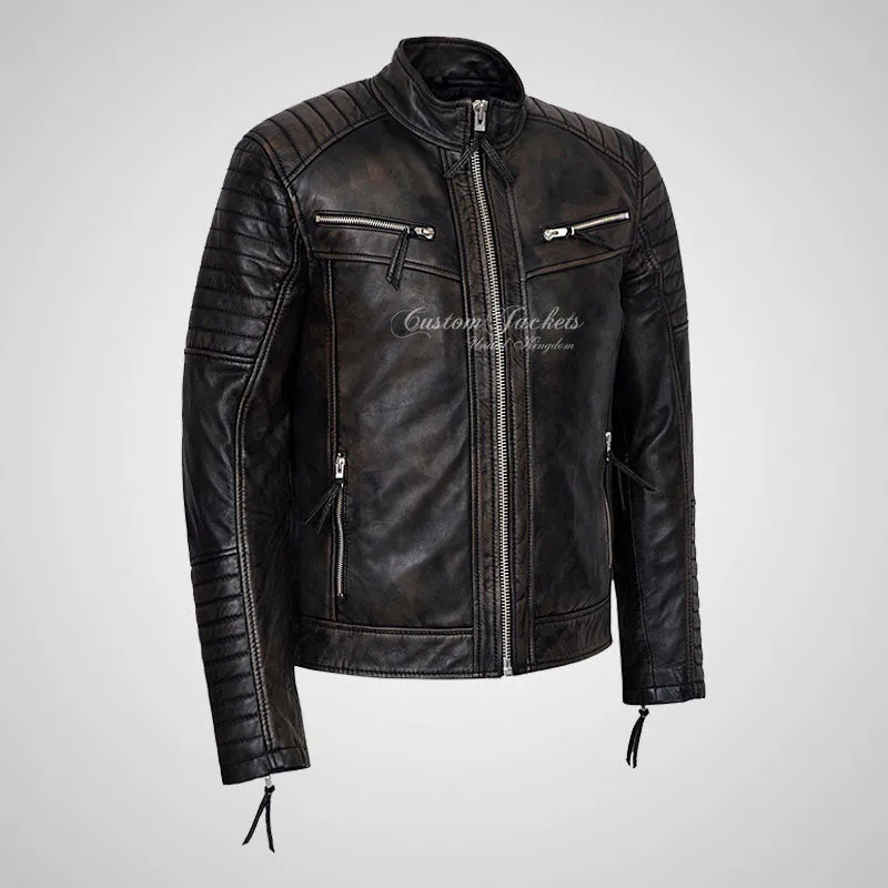 URIAH Mens Vintage Leather Biker Jacket Soft Lamb Napa Leather