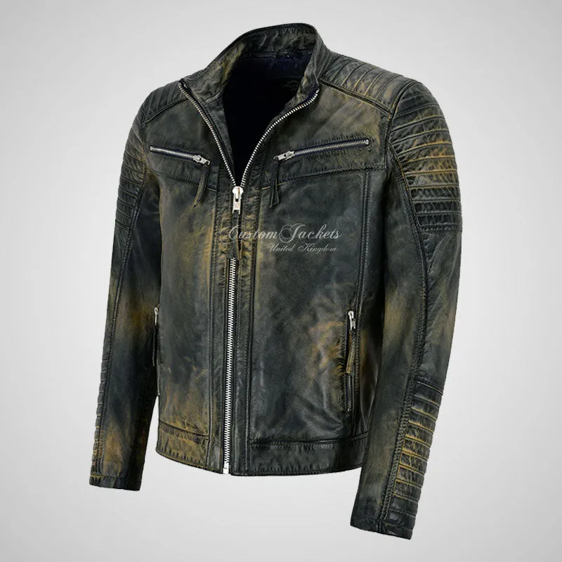 URIAH Mens Vintage Leather Biker Jacket Soft Lamb Napa Leather