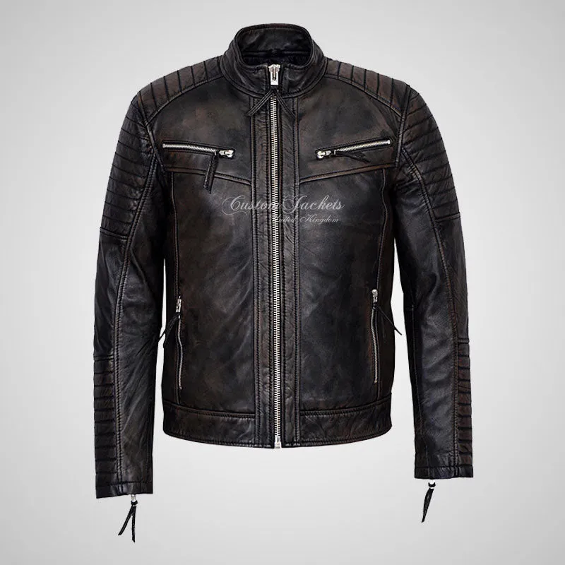 URIAH Mens Vintage Leather Biker Jacket Soft Lamb Napa Leather