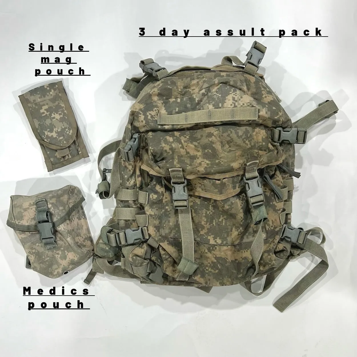 US Army 3 Day Assault Pack Rucksack ACU Digital MOLLE II Includes Extras
