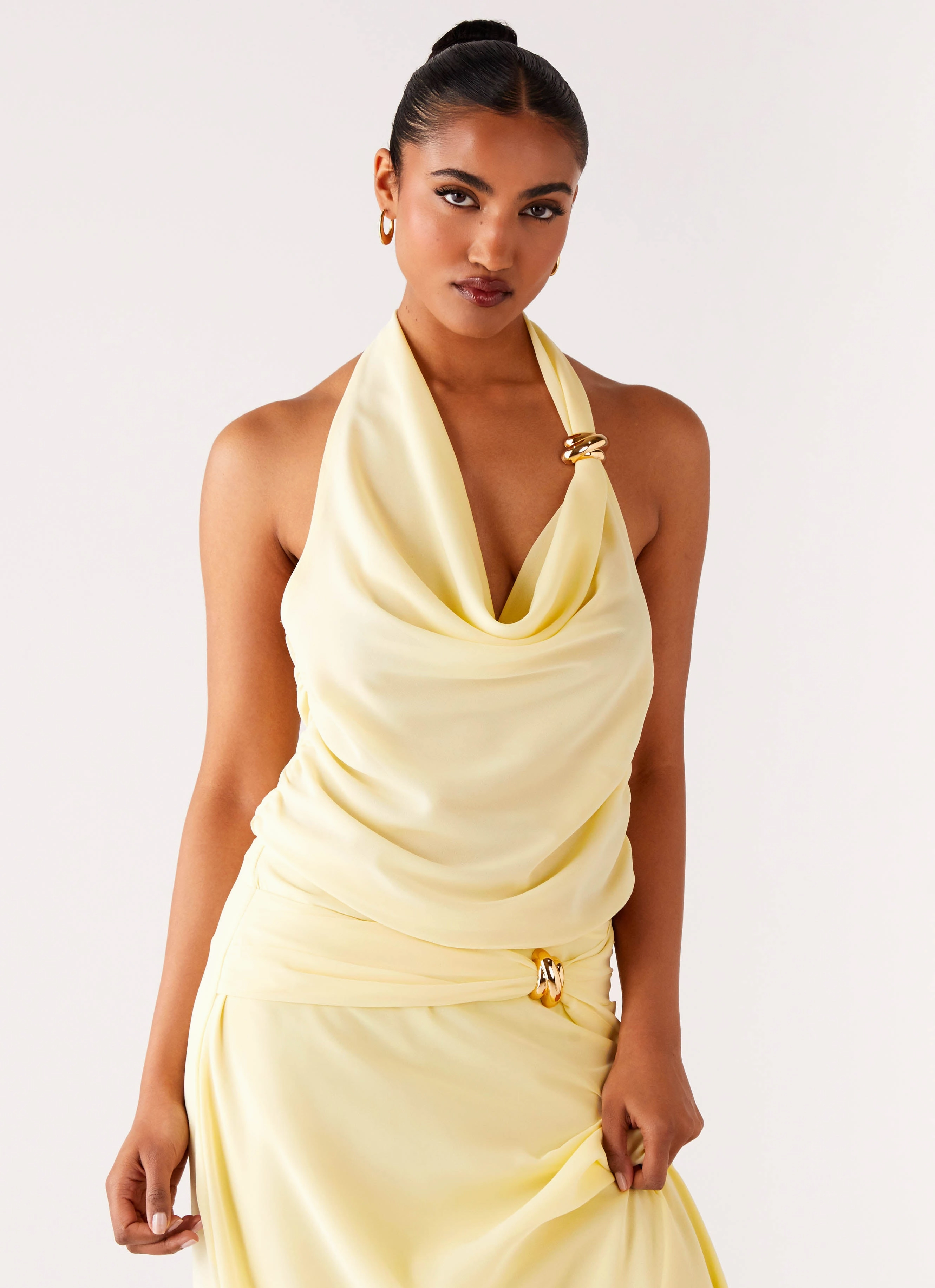 Anuhea Cowl Top - Yellow Quick Dry Fabric Reinforced Shoulder Padding