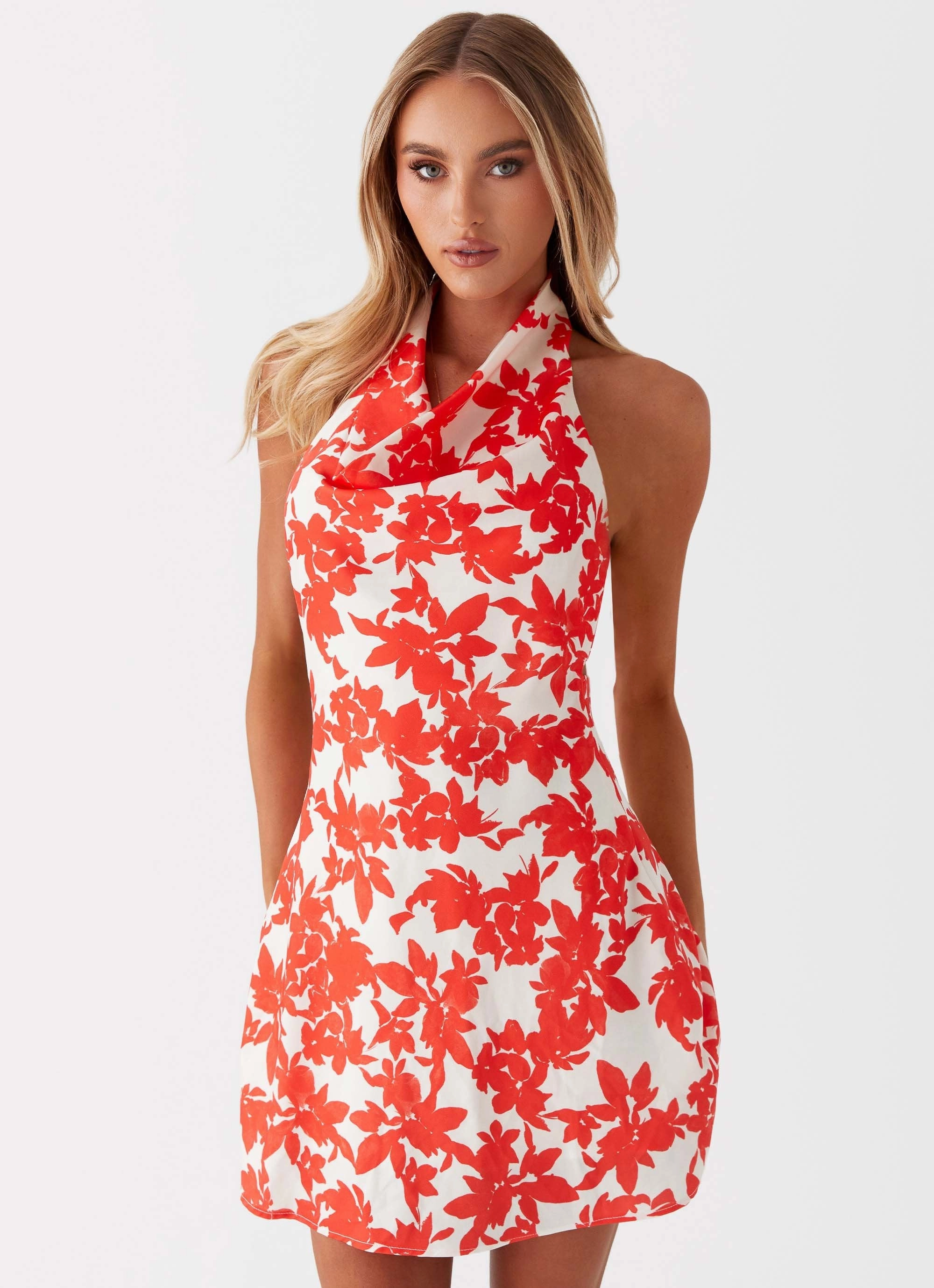 Carmine Bouquet Cowl Neck Mini Dress - Red Floral Casual maxi dress