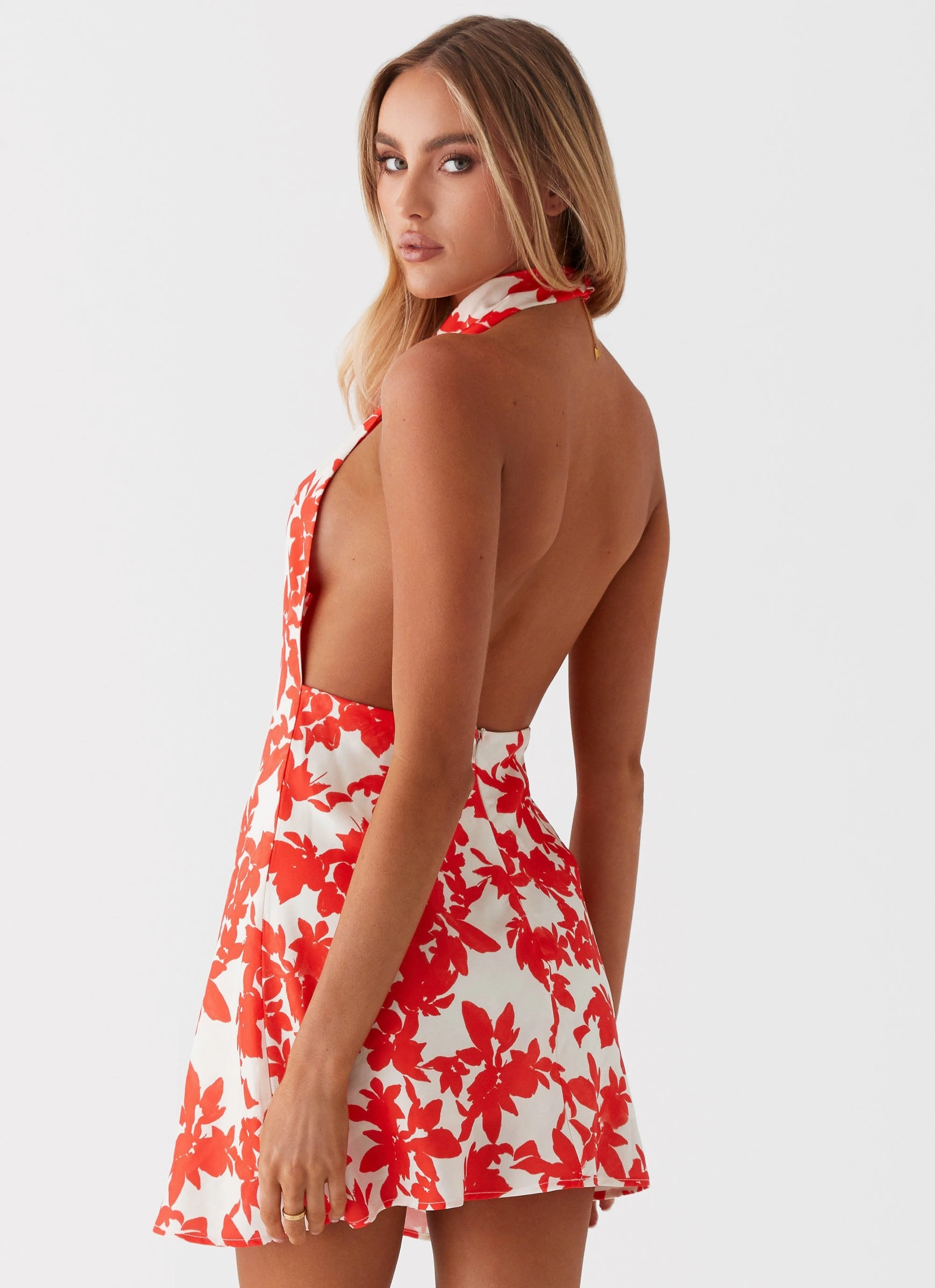 Carmine Bouquet Cowl Neck Mini Dress - Red Floral Evening Look