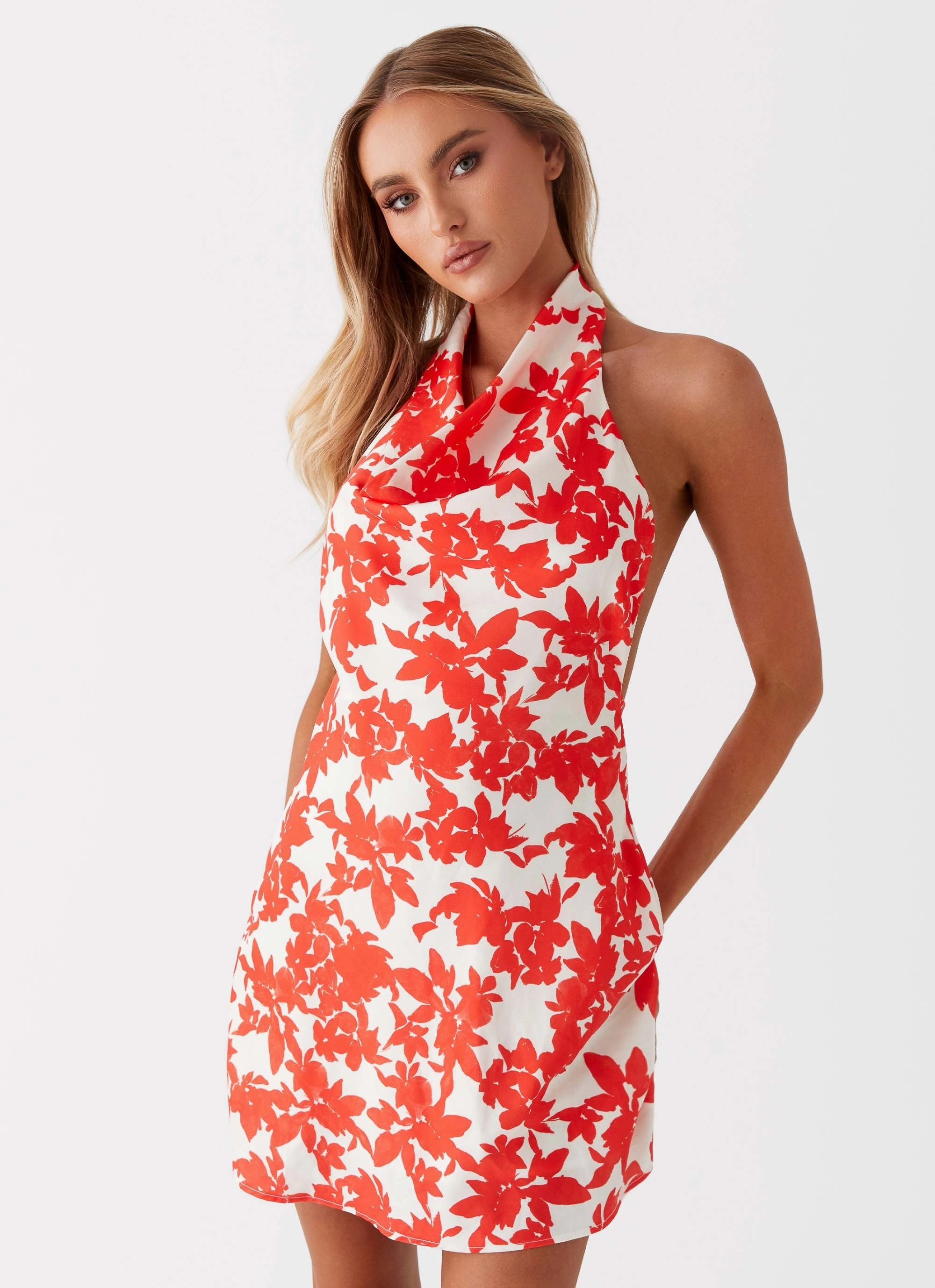 Sharp Style Carmine Bouquet Cowl Neck Mini Dress - Red Floral