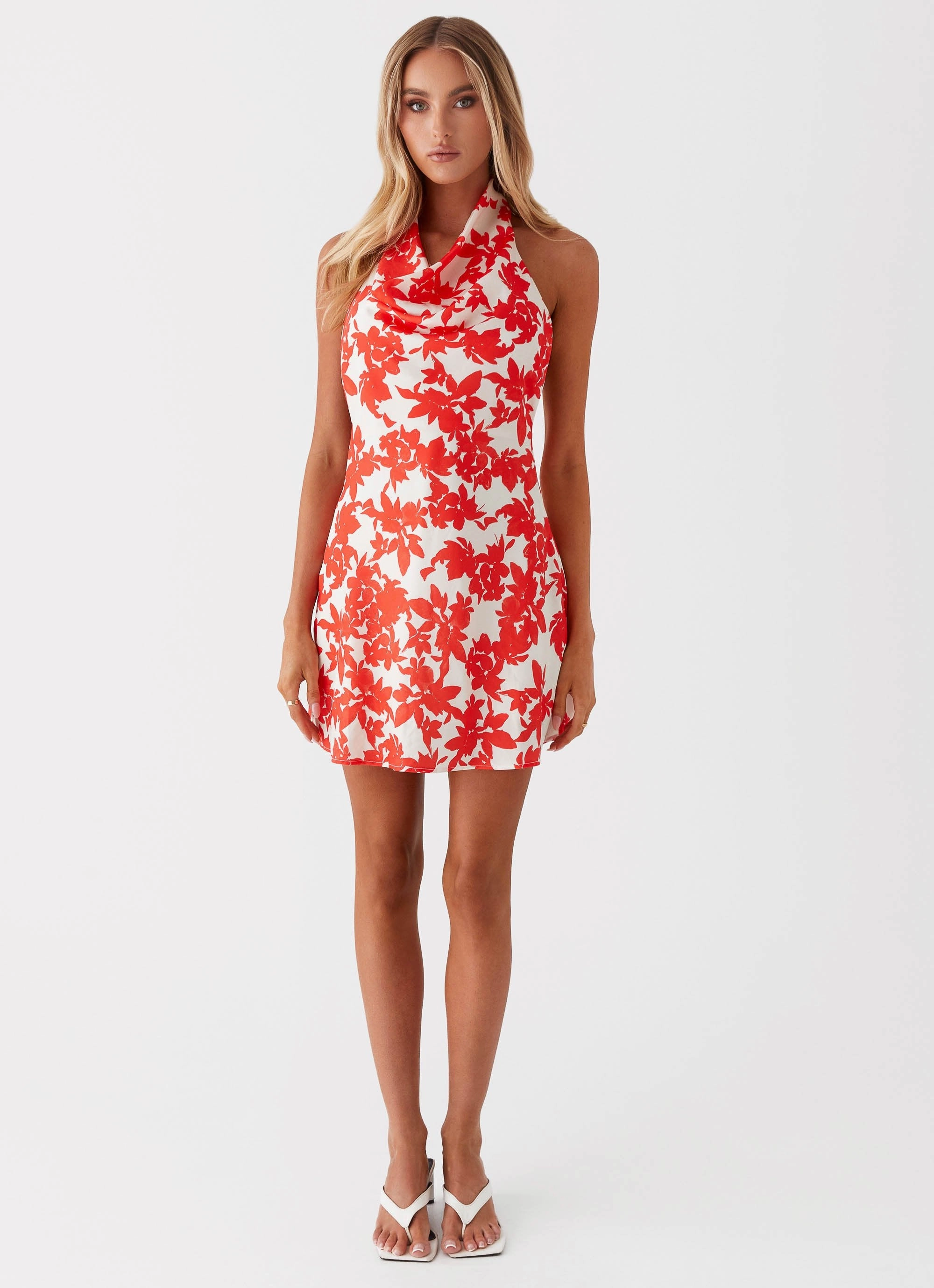 Balanced feel Carmine Bouquet Cowl Neck Mini Dress - Red Floral